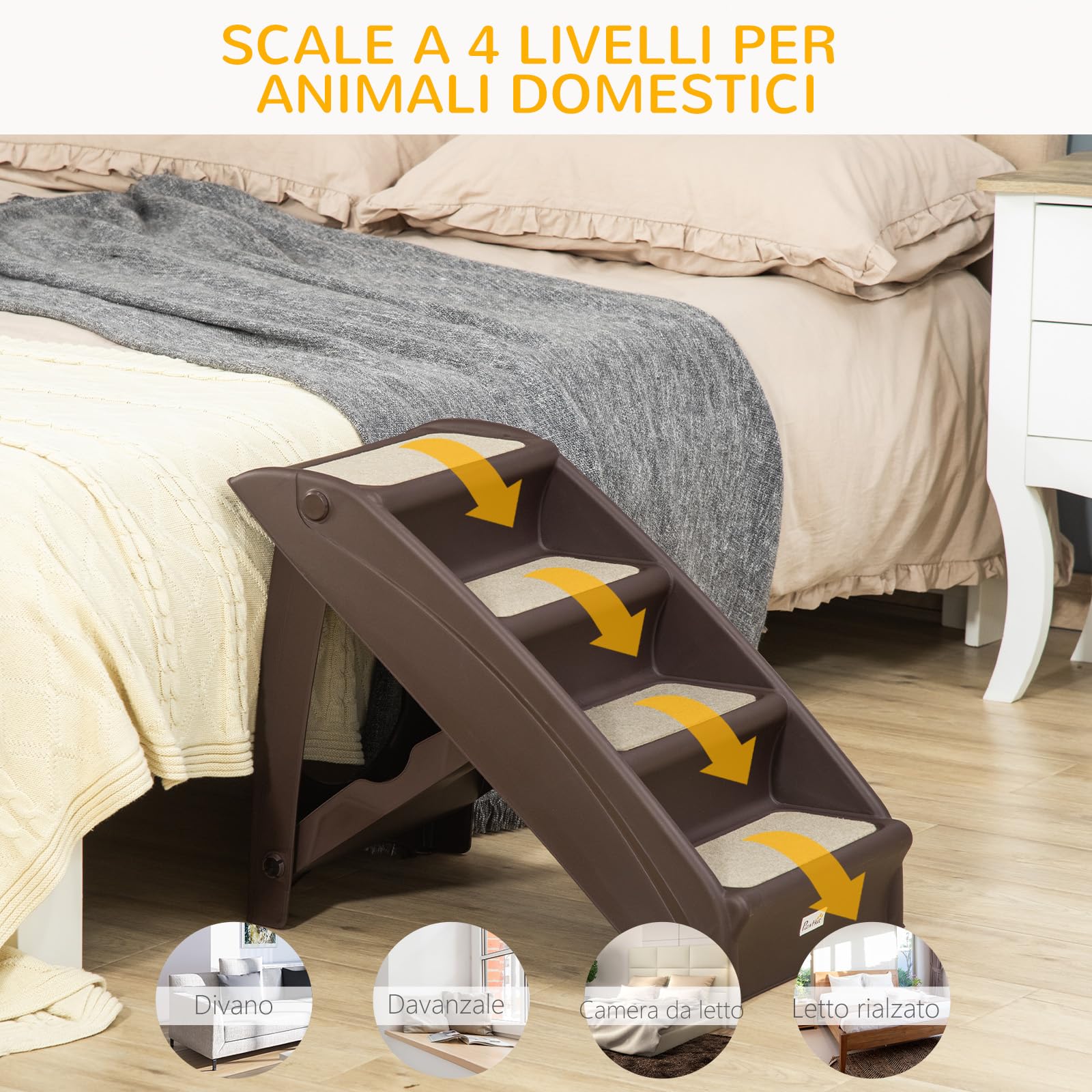 PawHut Scaletta per Cani Pieghevole con 4 Gradini Antiscivolo, Scala per Animali Domestici fino 10 kg in PP, 62x38x49.5cm, Marrone Scuro