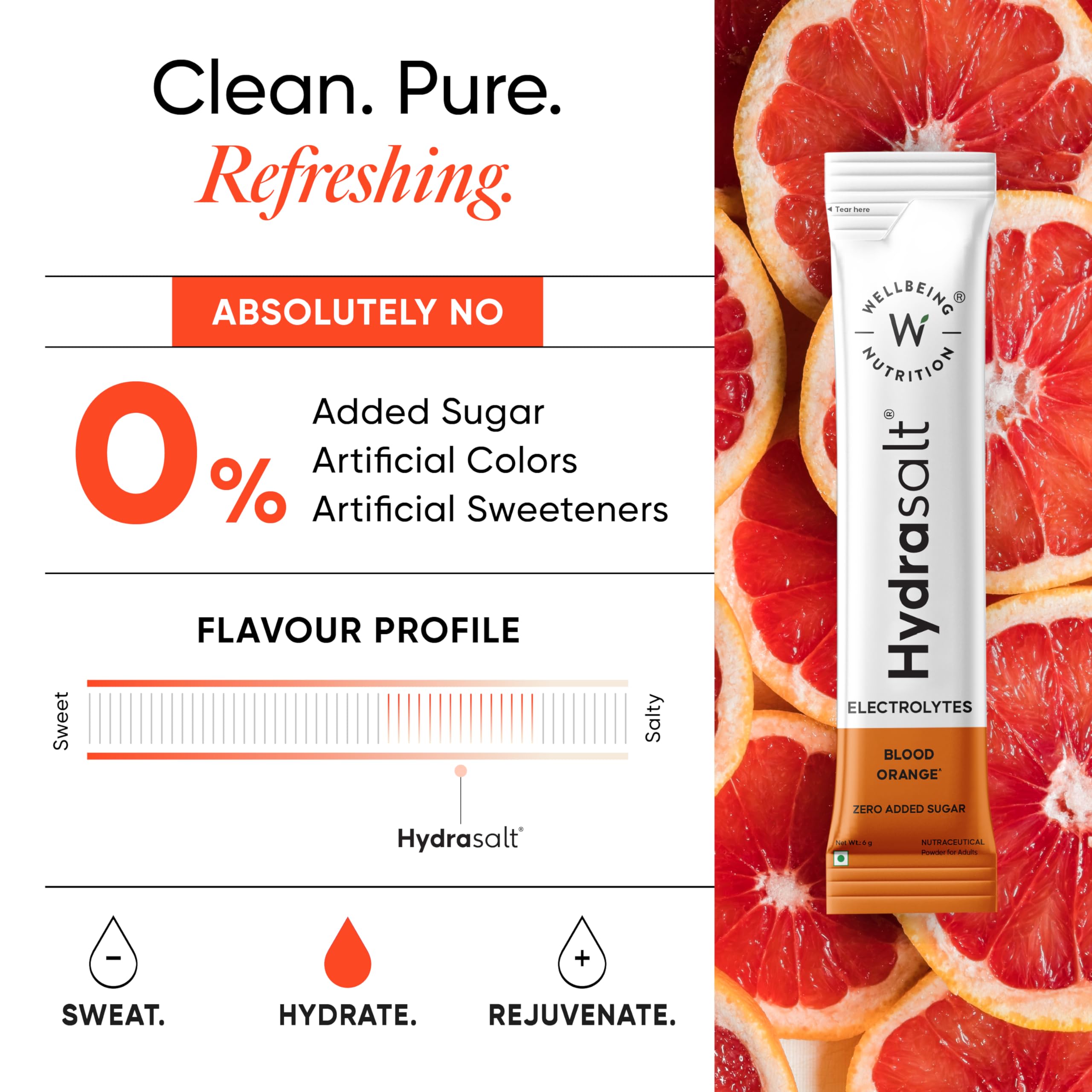 Wellbeing Nutrition HydraSalt Electrolyte Drink with Zero Added Sugar | 5 Electrolytes & 3 Vitamins for Instant Hydration, Energy, Performance & Recovery, Blood Orange Flavor 90g, Pack of 15 2