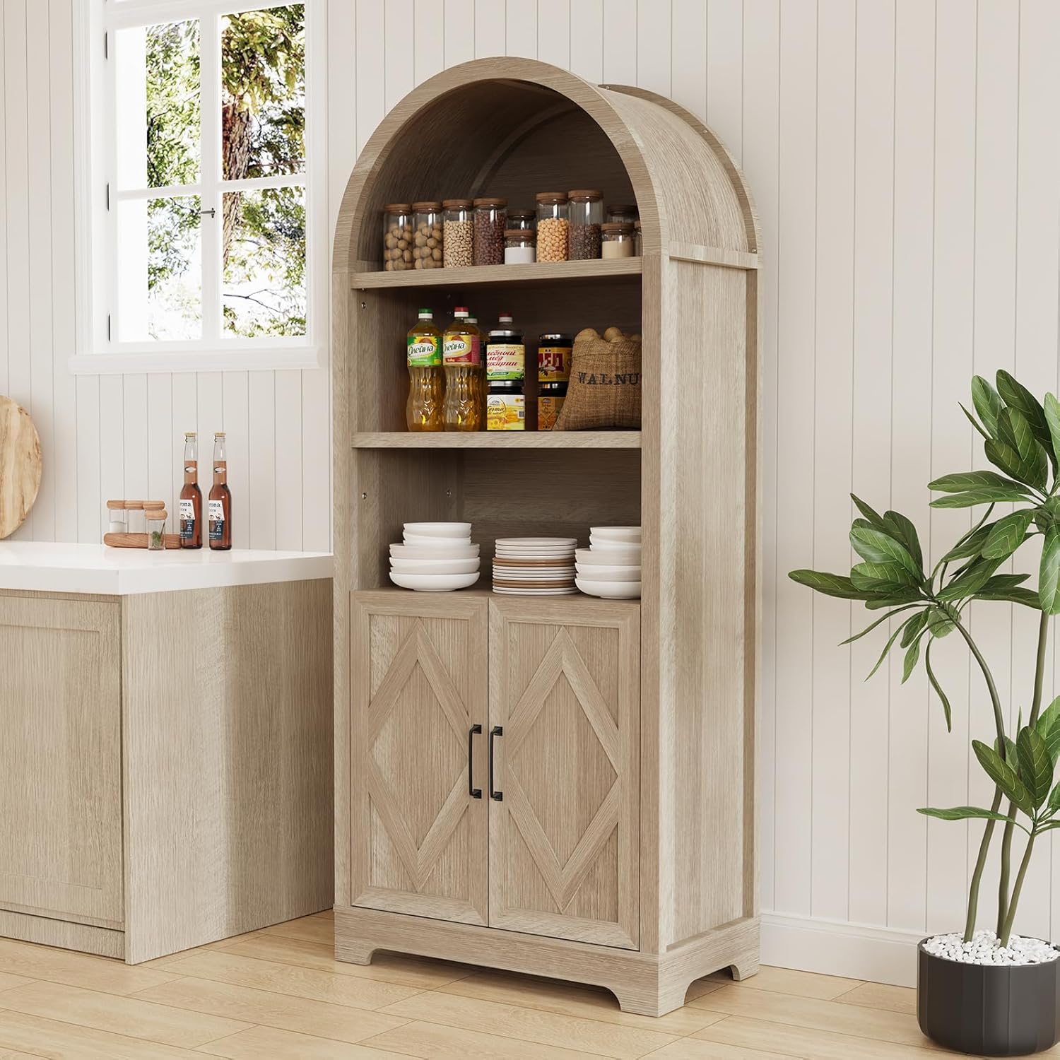 Sunny Heart 70" Arched Kitchen Pantry with Ample Storage