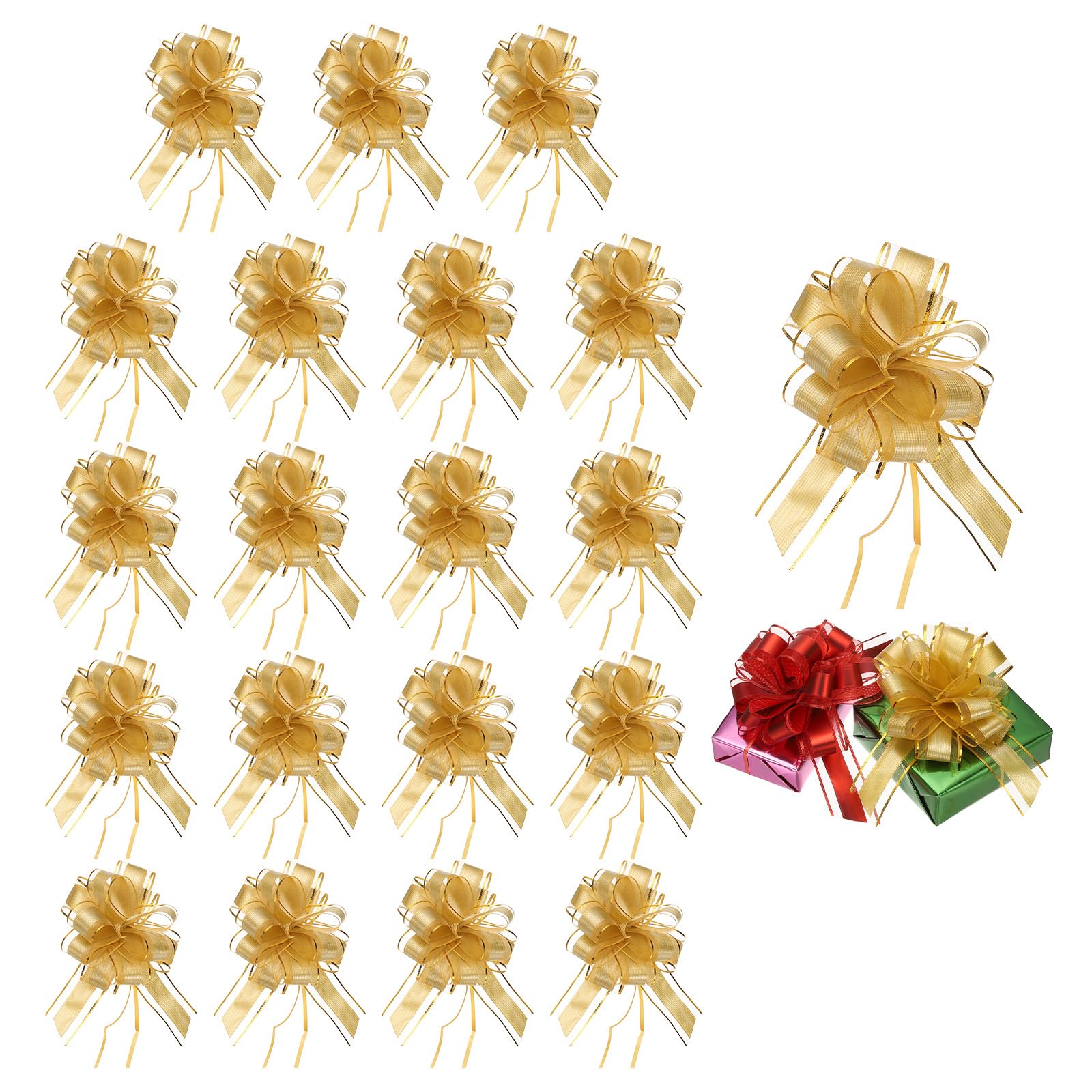 PATIKIL 20 Pcs Large Pull Bow Gift Wrapping, 9 Inch Ribbon Organza Metallic Gold Bows for Gift Wrapping Wedding Baskets Car