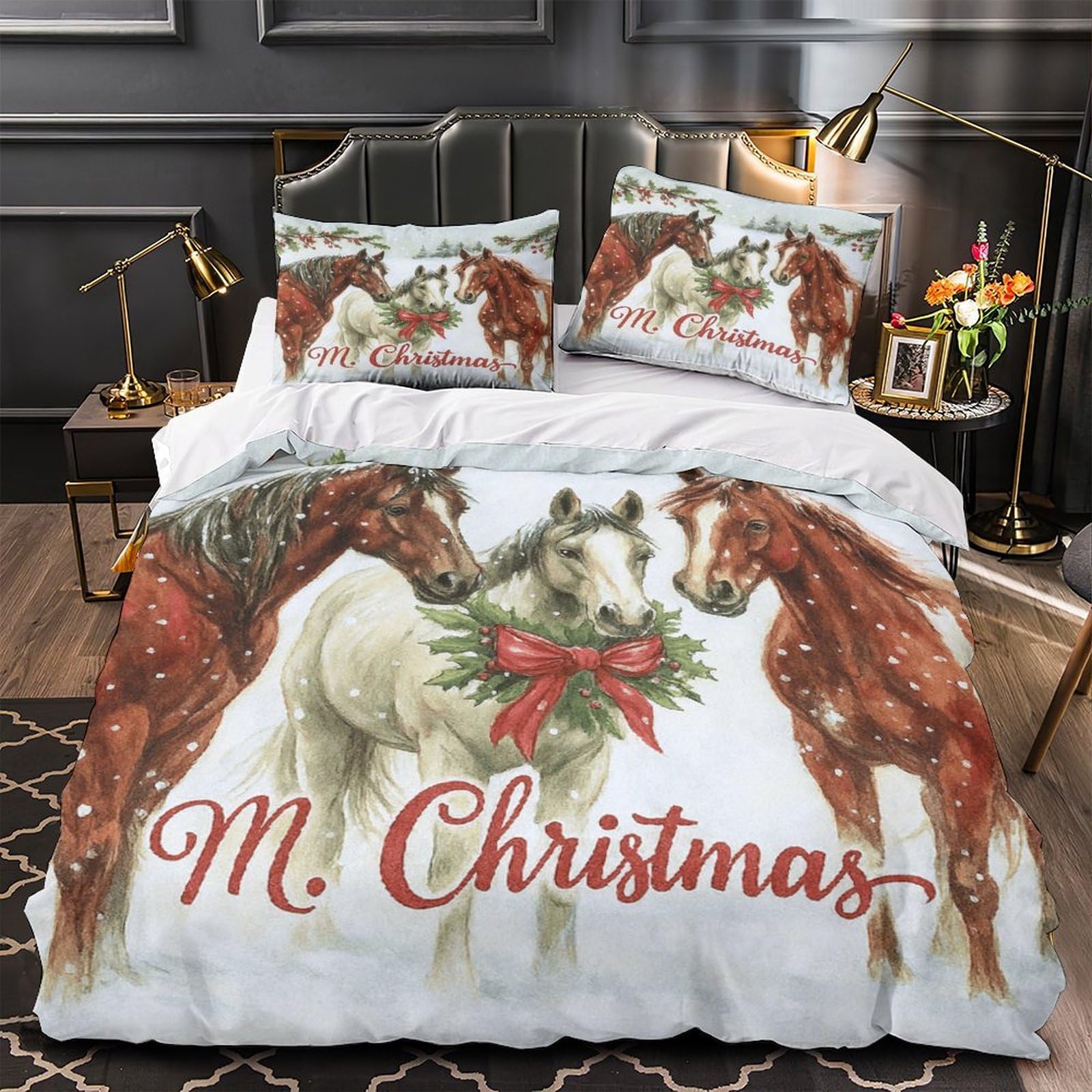 MMDASBVPE Christmas Horses Duvet Cover 3D Design Printed Anti-allergic 3 Pieces Bedding Set Zipper Comforter Cover Super Soft Breathable for Teens Kids Girls Boys Women Adults Super king（260x220cm）
