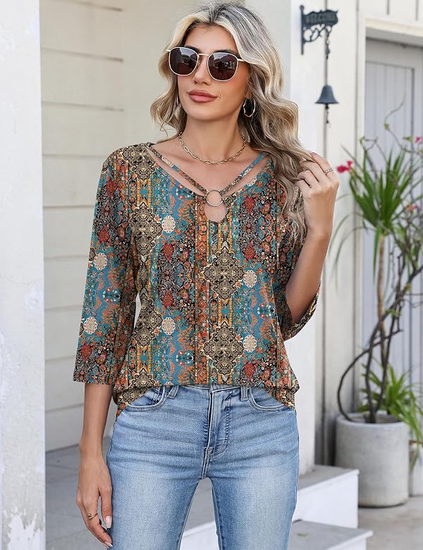 Rapbin Ladies Tops and Blouses 3/4 Sleeve Boho Tops Floral Printed Casual Blouses Dressy V Neck Fashion Work Shirts (Boho Blue Printed XL) by Rapbin - Used condition - Image 6