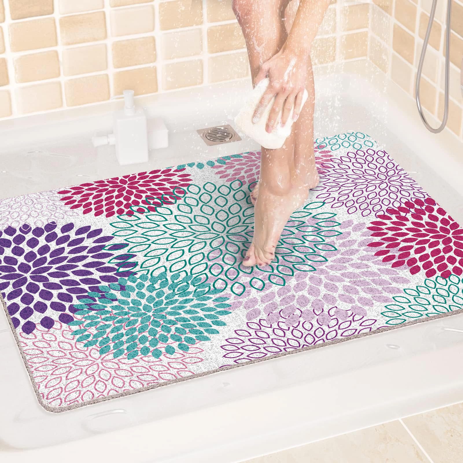 Bath Mat Non Slip, 140x150cm Shower Mats for Inside Shower, Loofah Bathmats for Bathtubs Toilet Bathroom Floor, PVC Bath Rugs Quick Drying, Washable, Pink Purple Green