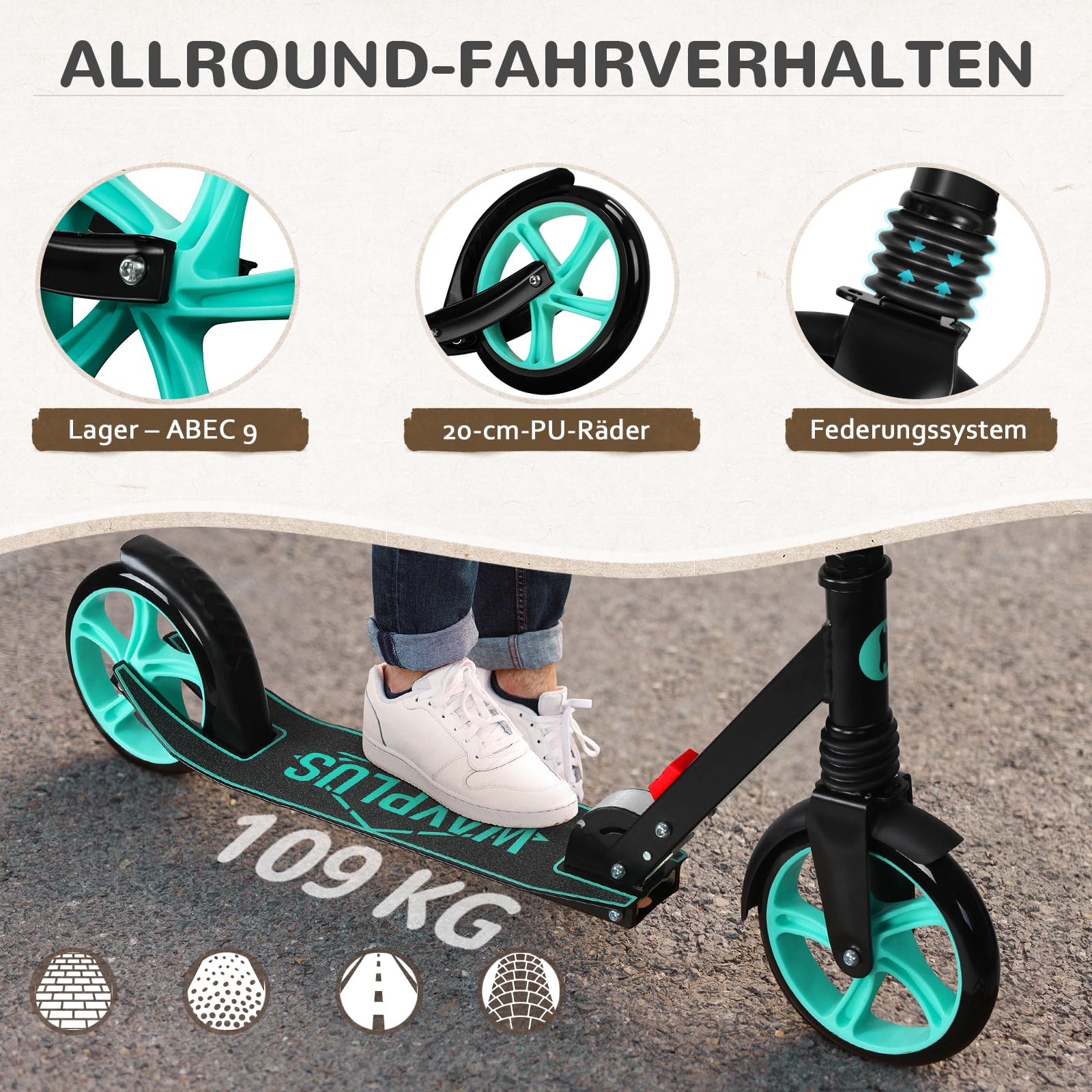 WAYPLUS Trottinette Enfant, Trottinette Enfant avec Grandes Roues PU 200mm & Roulements ABEC-9 Réglable 78-94 cm, Pliable, 4,08 kg Direction à Basculement & Frein au Pied, Enfants & Adultes 108 kg