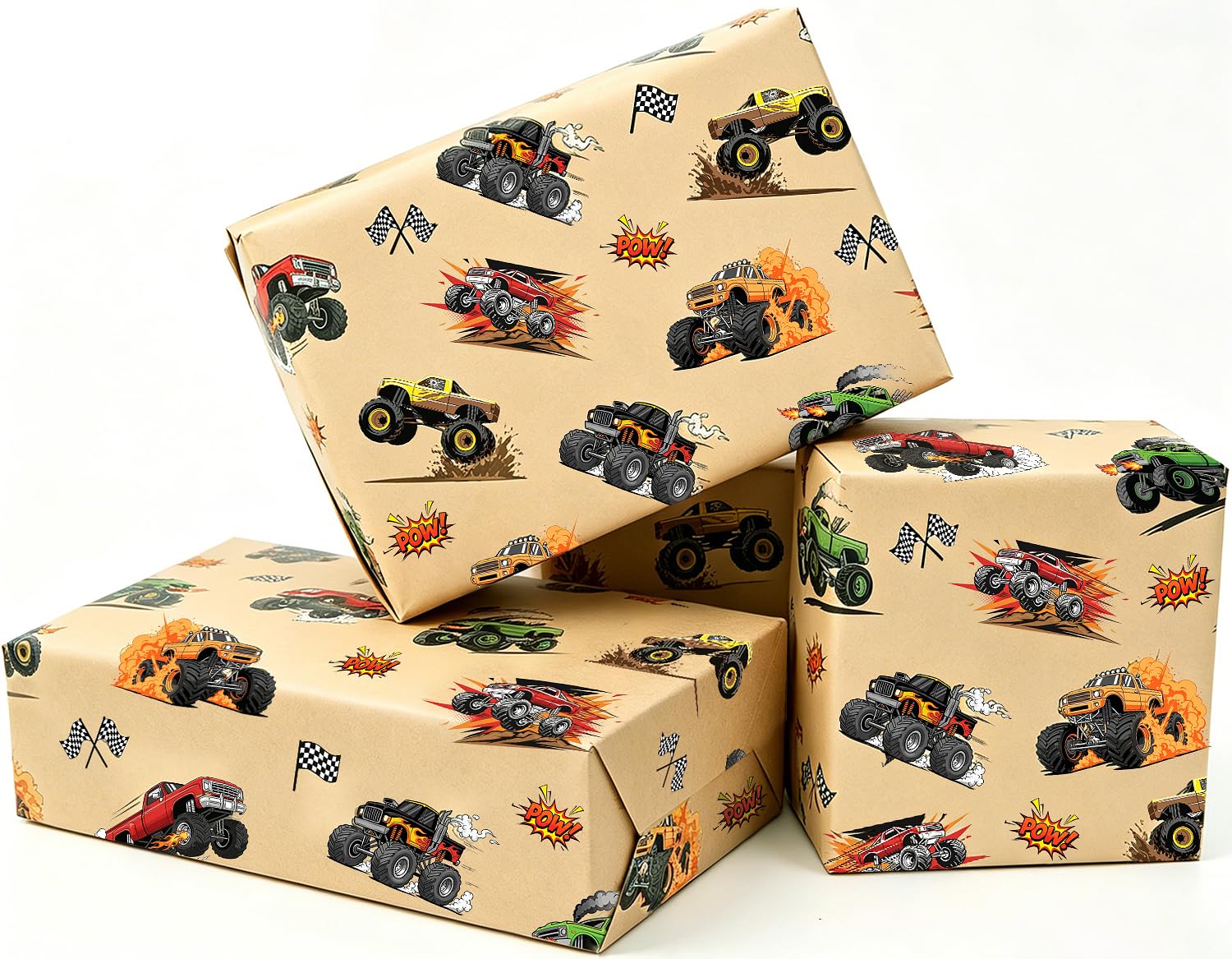 Monster Truck Gift Wrapping Paper, 5pcs 50x70cm Eco Kids Brown Kraft Paper