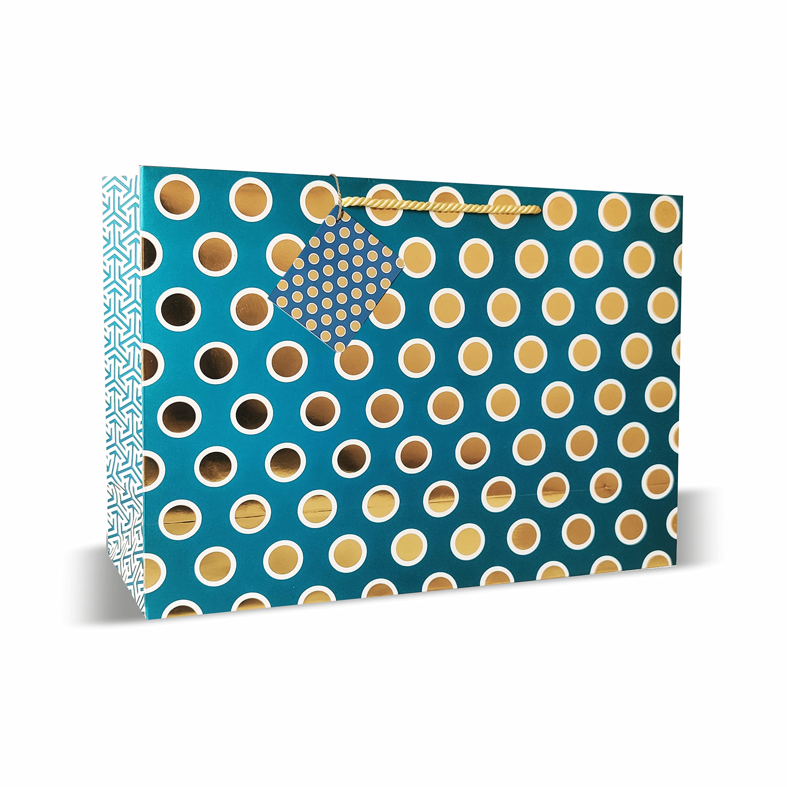 VESTTA -ELEGANCE REDEFINED Gifts Bags, Gold Metallic Polka Dots, Large 14 (L) x 4.5 (B) x10 (H) Inches, Pack of 5, Weddings, Diwali, Birthdays, Christmas with Gift Tags (Turquoise Blue)