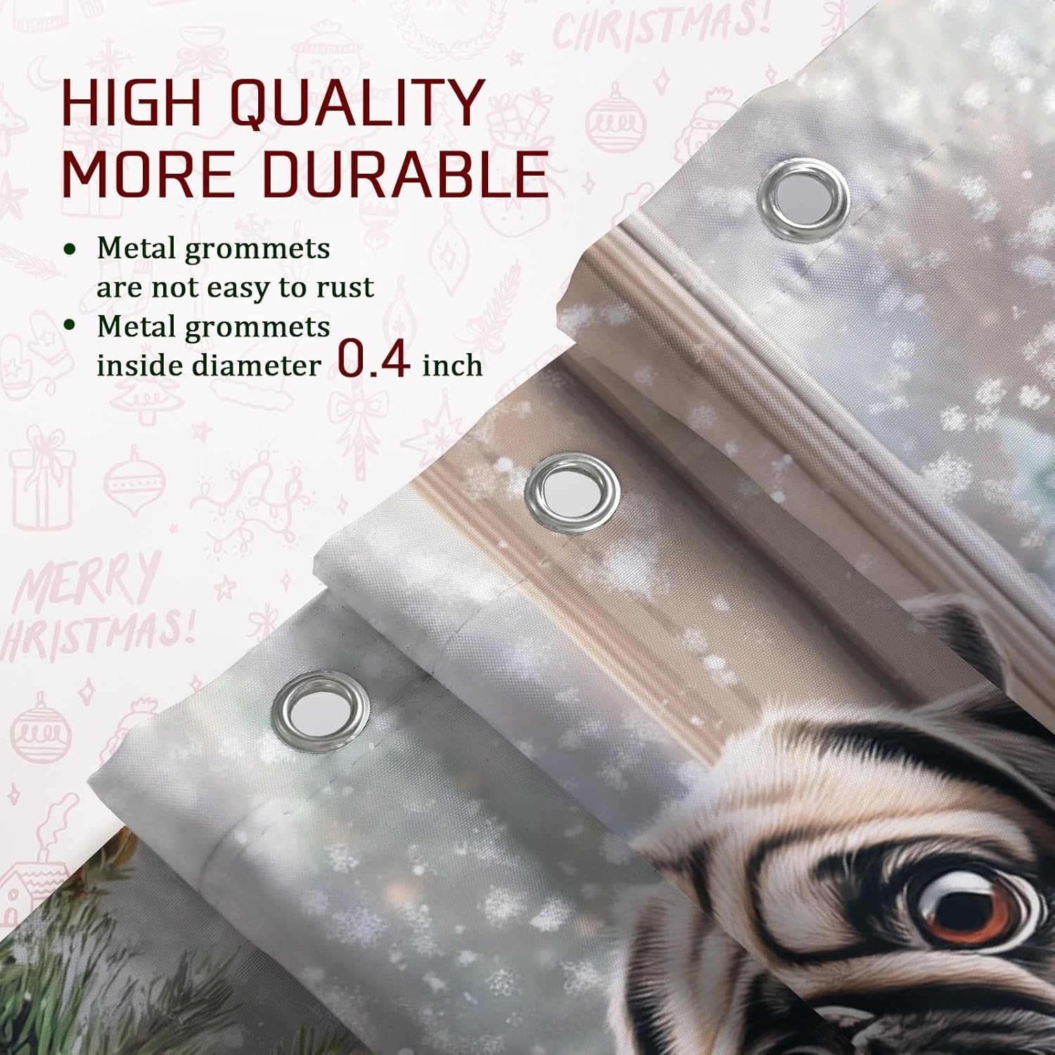 4PCS Winter Christmas Pug Dog Bathroom Sets, Bath Accessory with Non-Slip Rug, U Shape Toilet Lid Cover Mat, Gingerbread Xmas Puppy Bathroom Decor-72''x72''
