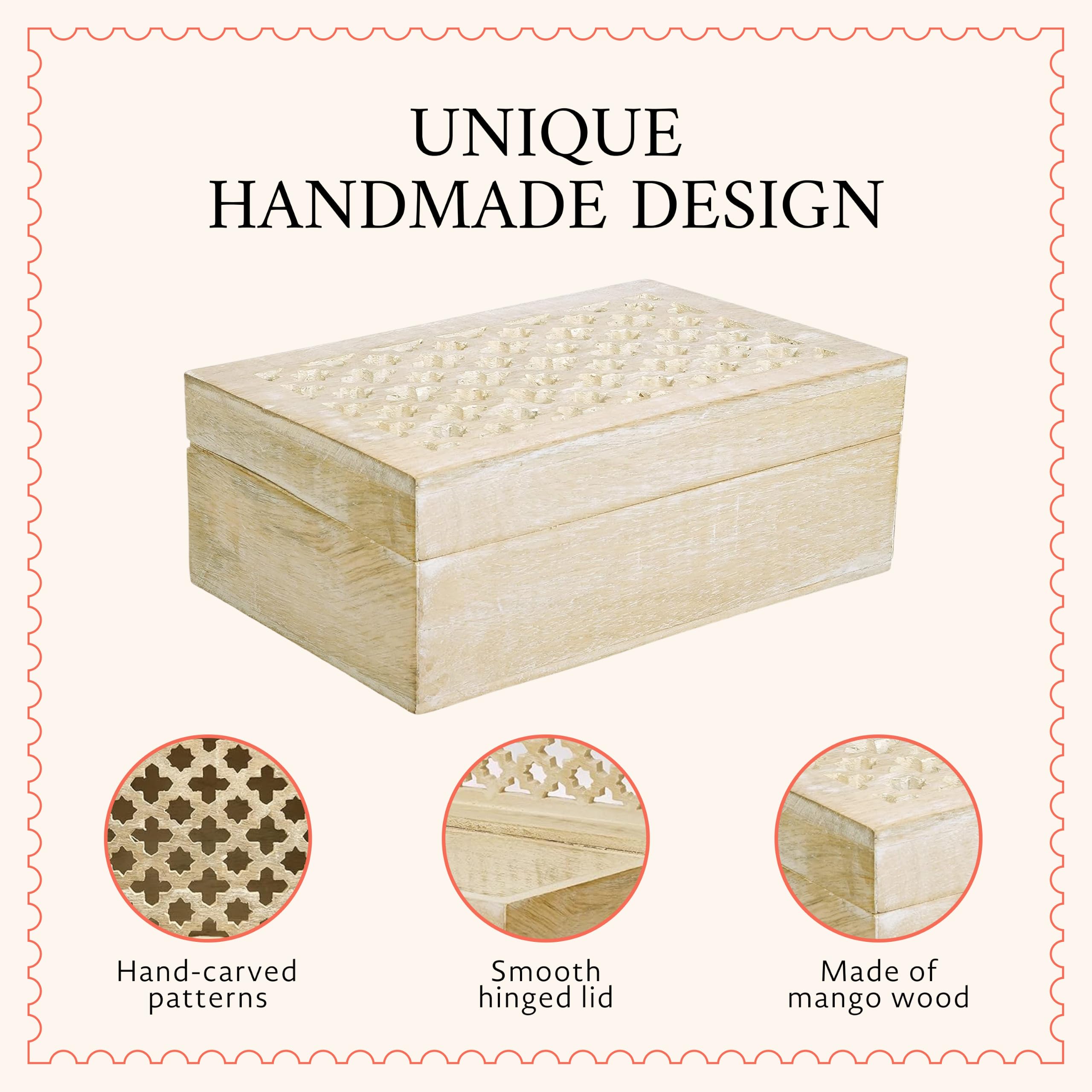 Mela Artisans Aufbewahrungsbox aus Holz mit Scharnierdeckel im Rank-Design – dekorative Holzkiste als Aufbewahrungsbox, Aufbewahrungsbox, 26.7x19.1x10.2 cm, extra groß
