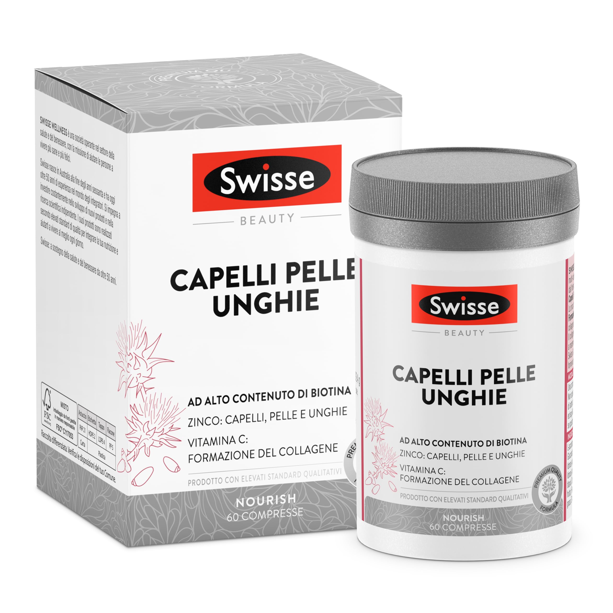 Swisse Integratore Capelli Pelle Unghie, Integratore Alimentare con Biotina, Zinco, Vitamina C, Ferro, Silicio ed estratto di Cardo mariano, 60 Compresse