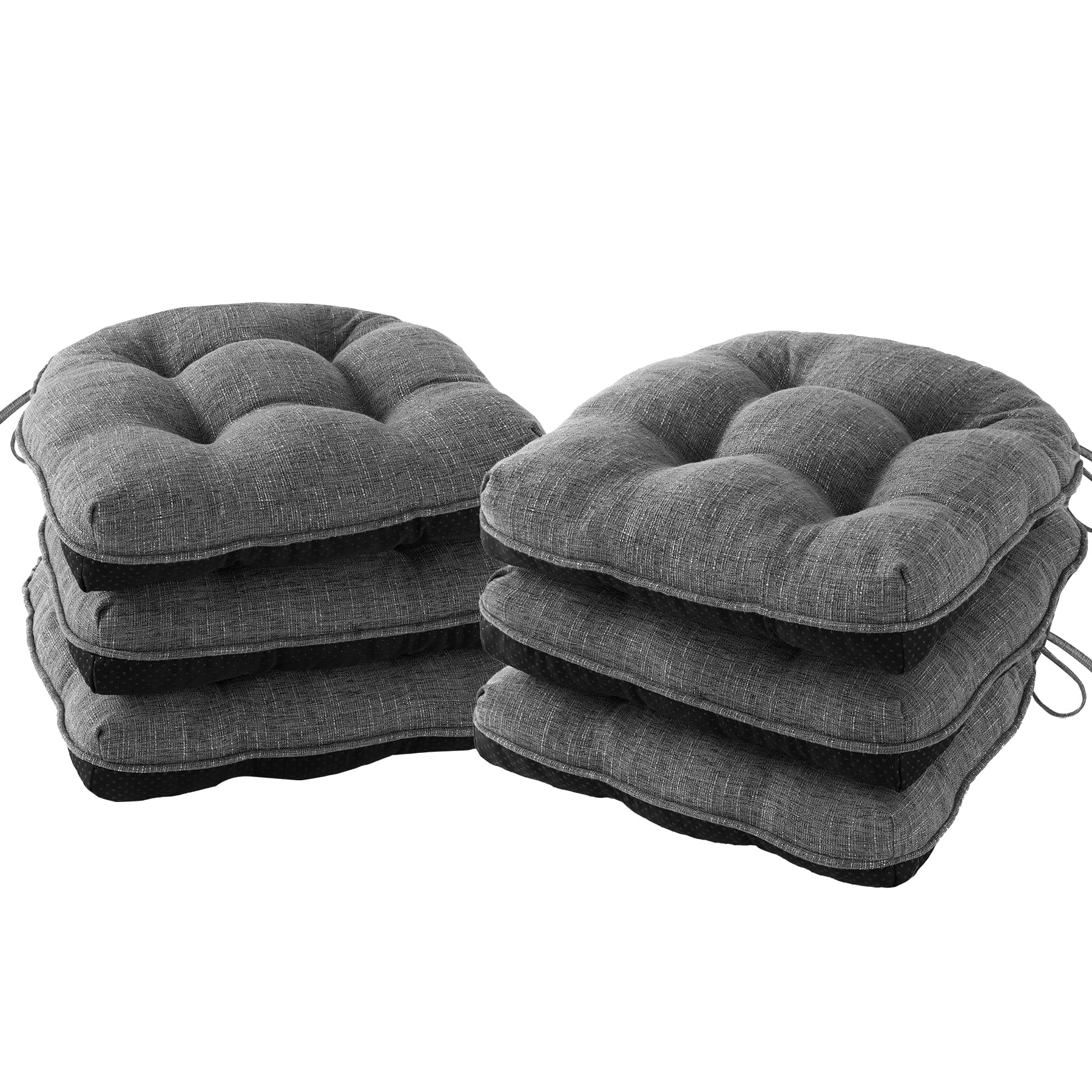 Chair Cushions for Dining Chairs Set of 6, Indoor Kitchen Chair Cushions with Ties and Non Slip Backing, Tufted Shredded Memory Foam Kitchen Chair Pads, 15.5" x 15.5" x 4", Dark Grey