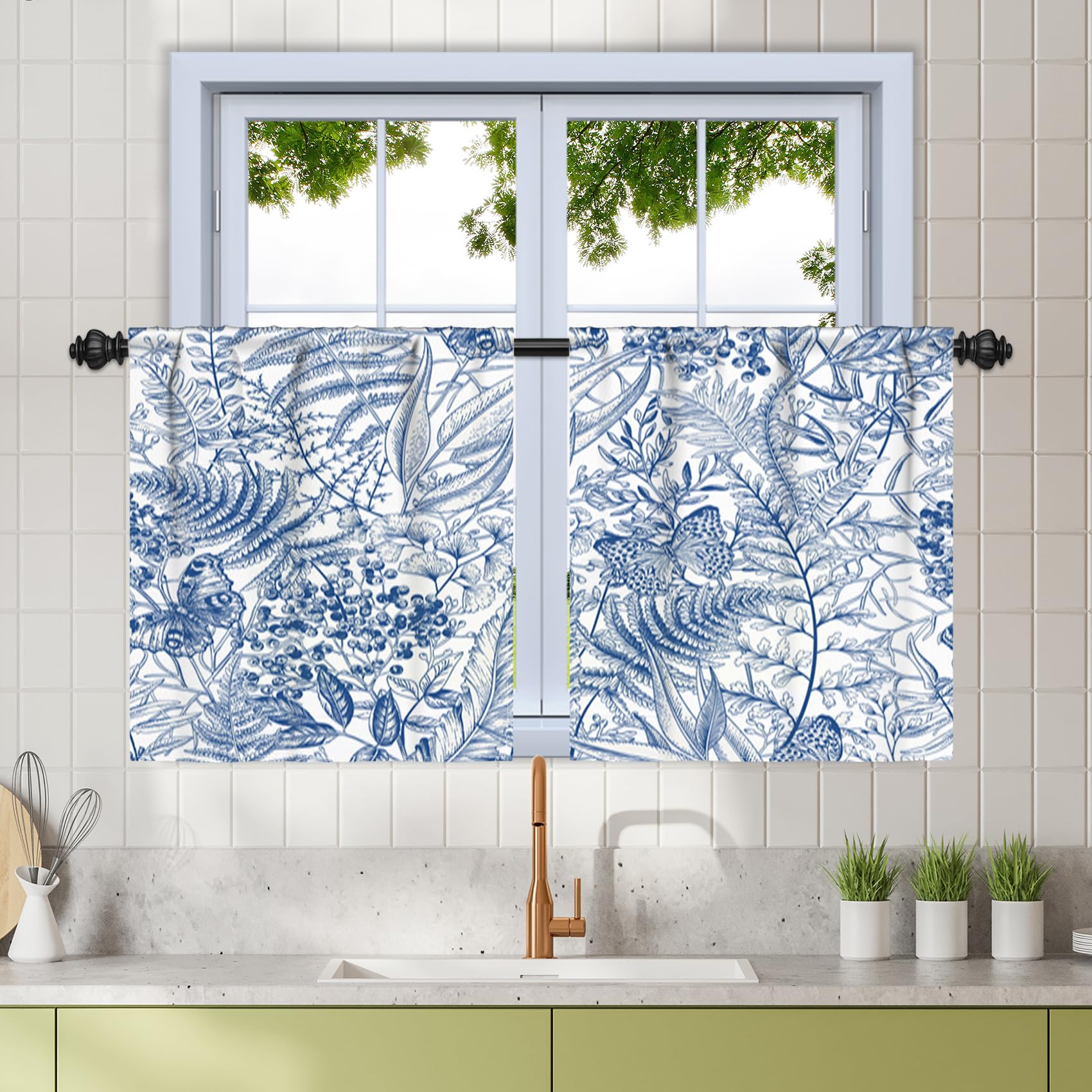 Renaiss 26 x 24 Inch Short Linen Curtains Farmhouse Blue Floral Print Tier Curtains Back Tab Drapes for Kitchen Bathroom Butterfly Leaf Berry Room Darkening Country Vintage Curtain Rod Pocket 2 Panels