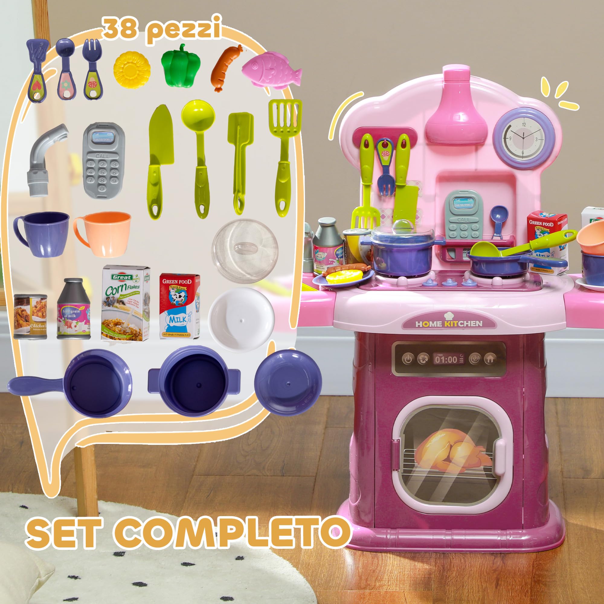 AIYAPLAY Cucina Giocattolo per Bambini 3-6 Anni con 38 Accessori, Suoni Realistici e Luce del Fornello, Gioco per Bambini in PP e ABS, 51x21x60 cm, Rosa