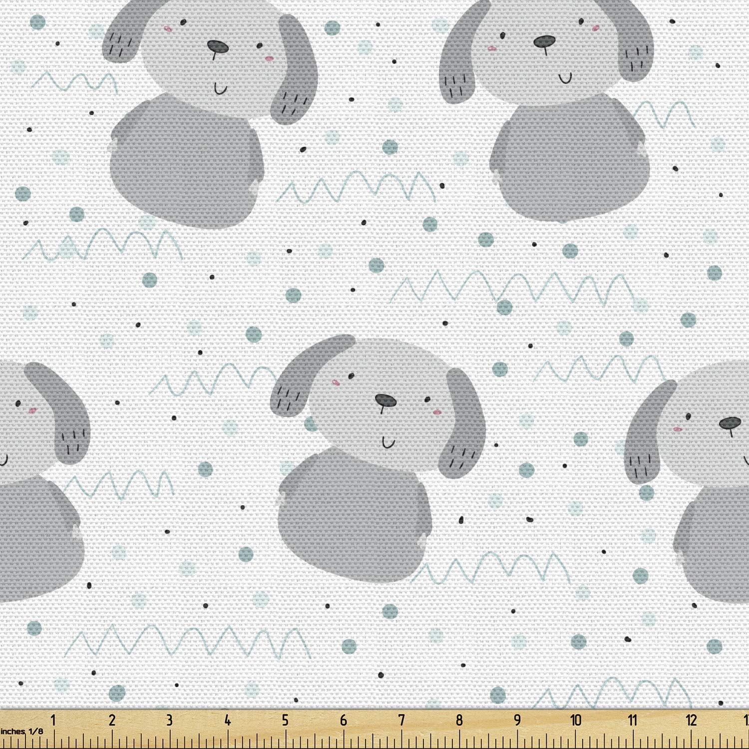 Lunarable Dogs Fabric by The Yard, Little Doodle Puppy with Circle Dots Wavy Line Theme, Decorative Fabric for Upholstery and Home Accents, 2 Yards, Grey Blue