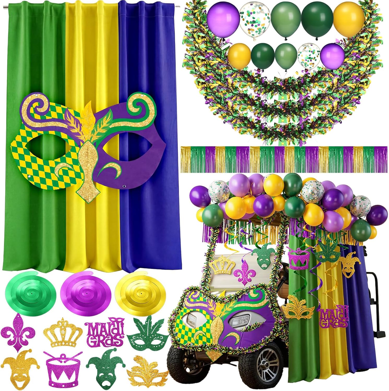 78 Pcs Mardi Gras Parade Golf Cart Decorations Float Golf Cart Mardi Gras Decor Purple Green Gold Balloon Tinsel Garland Banner Mask Curtain Hanging Swirl Decorations for Carnival Party