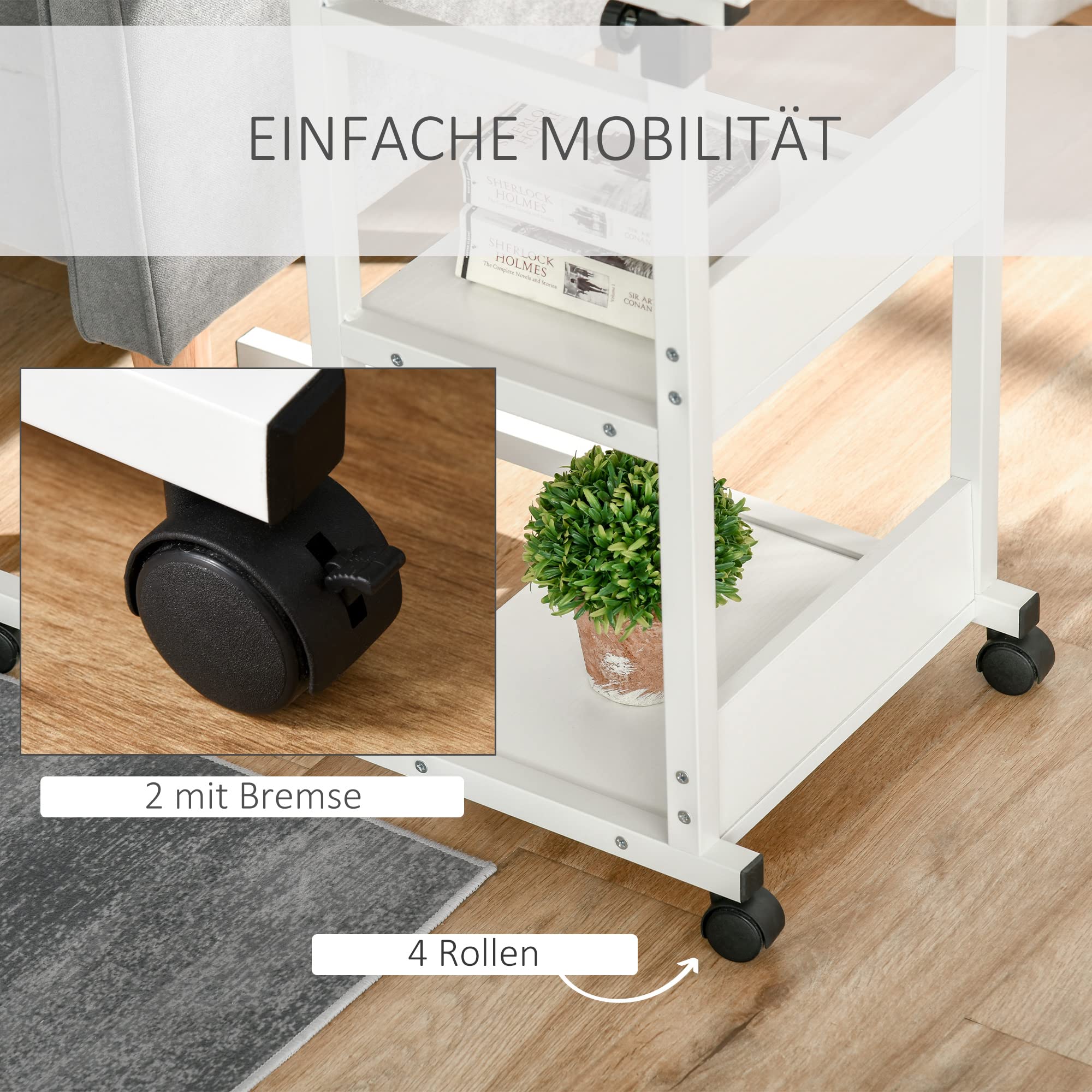HOMCOM Beistelltisch Couchtisch mit Rollen 80x40x72-82 cm Weiß | Höhenverstellbarer Schreibtisch mit 2 unteren Regalen, Sofatisch Laptoptisch, Betttisch, für Esszimmer Wohnzimmer, Metall