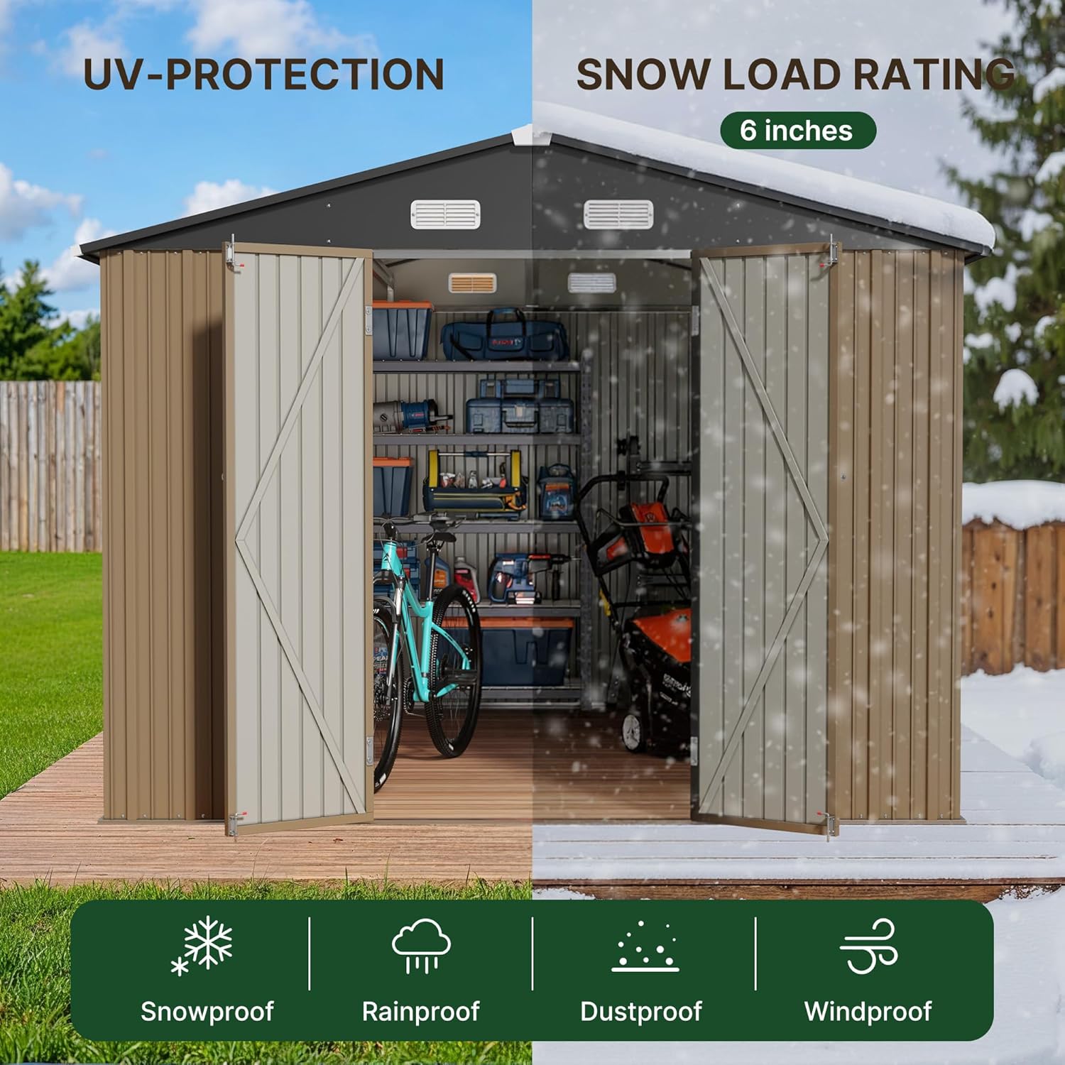 Gizoon Outdoor Storage Shed 10x10 FT, Large Metal Garden Shed with Double Lockable Doors & Sloped Roof, Waterproof Tool Sheds for Backyard, Patio and Garden, Light Brown