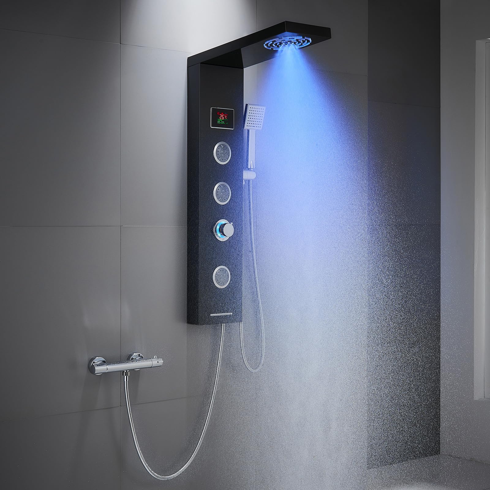 KINKIBOS Tower Shower Panel with LED Temperature Display, Black Shower System Without Tap, 6-Function: Rain＆Mist Shower, 2 Modes Body Massage Jets, 304 Stainless Steel