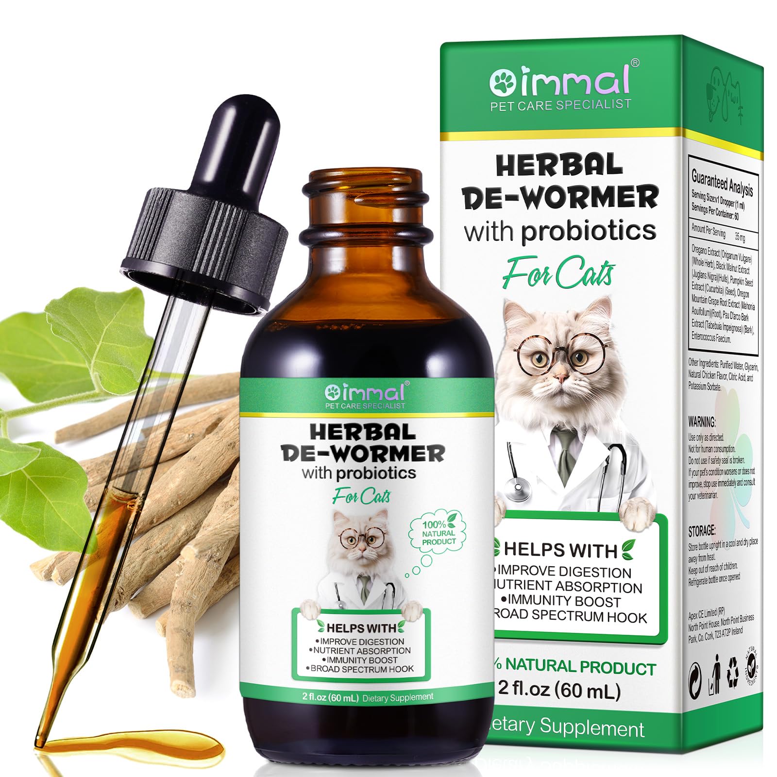 Wurmkur Katze 60ml, Entwurmungsmittel Katzen mit Probitika, Natürliche Katzenwurmer-Tropfen, Verbesserung der Verdauung, Immunitätsschub- Kräuterentwurmer Entwurmung Katze