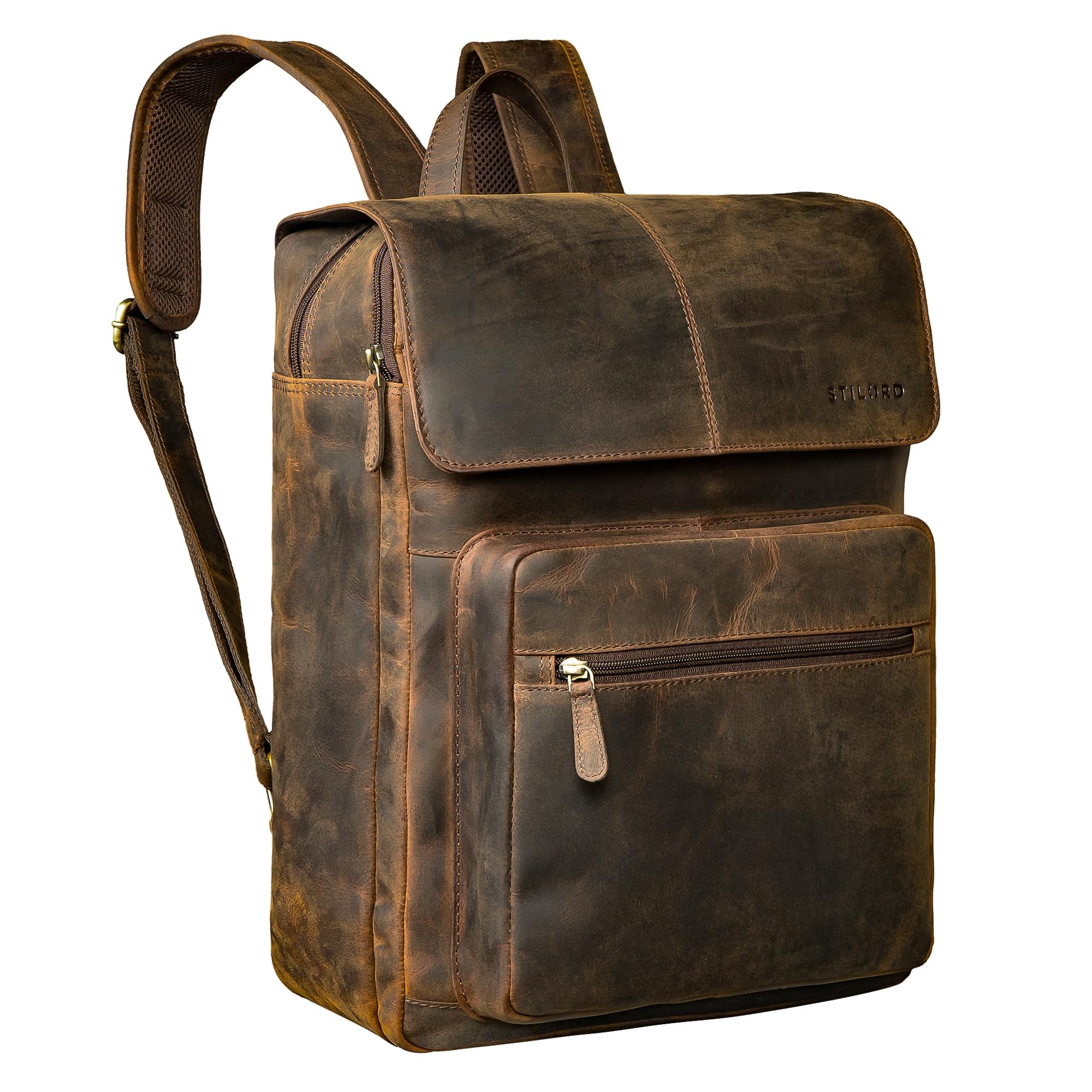 STILORD Sangro Mochila Cuero Hombre - Mochilas Portátil 15,6-16'' con 2 Compartimentos - Backpack Trabajo Piel Auténtica con Solapa Y Sujeción Trolley Color:Colorado - marrón