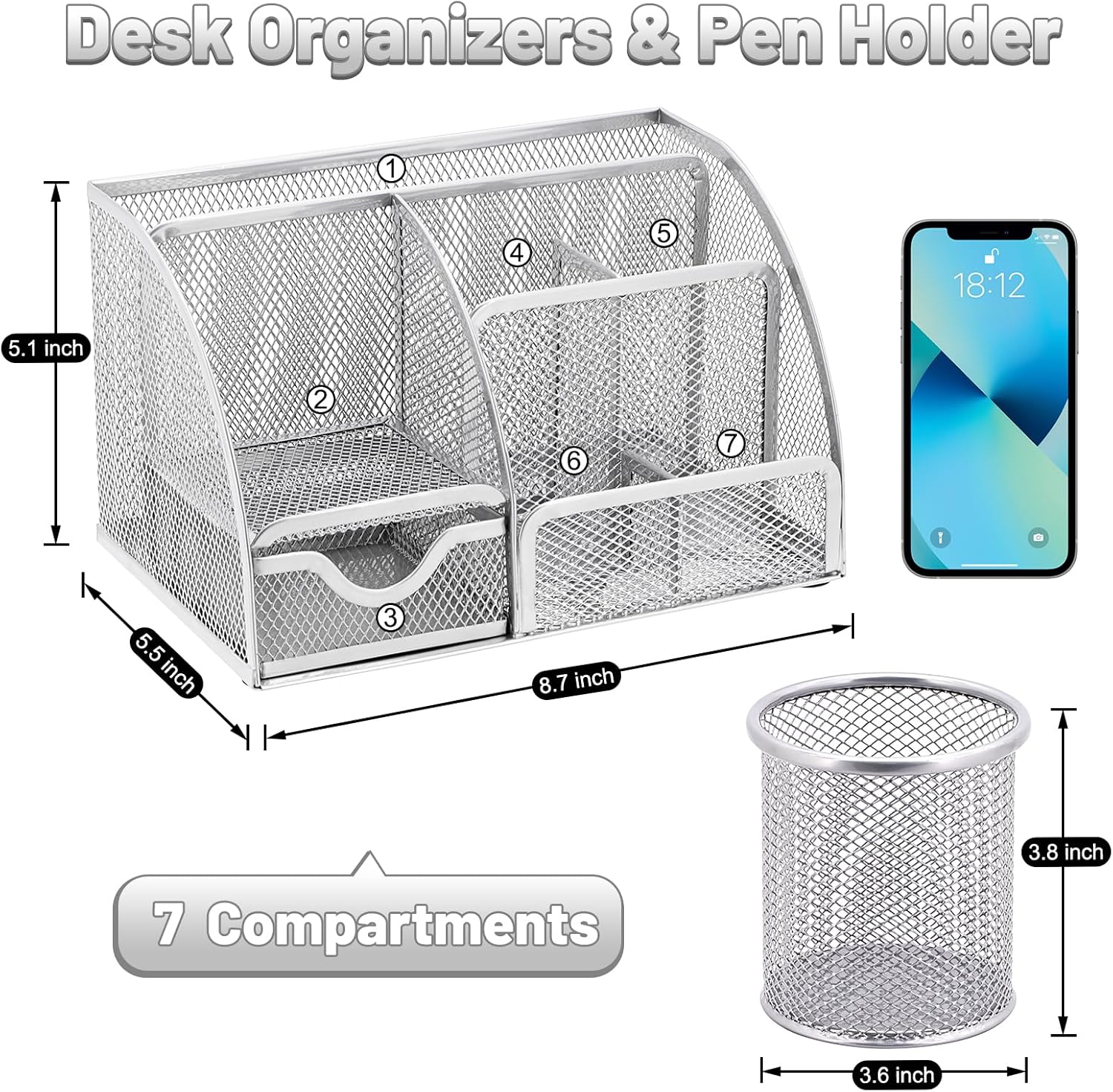 SYMDROMIA 13-in-1 Office Desk Organizer Set with Stapler and Tape Dispenser, Pen Holder, Scissors, Ruler, Hole Punch, 2 Pens & More Desktop Accessories for Back to School Supplies (Silver)