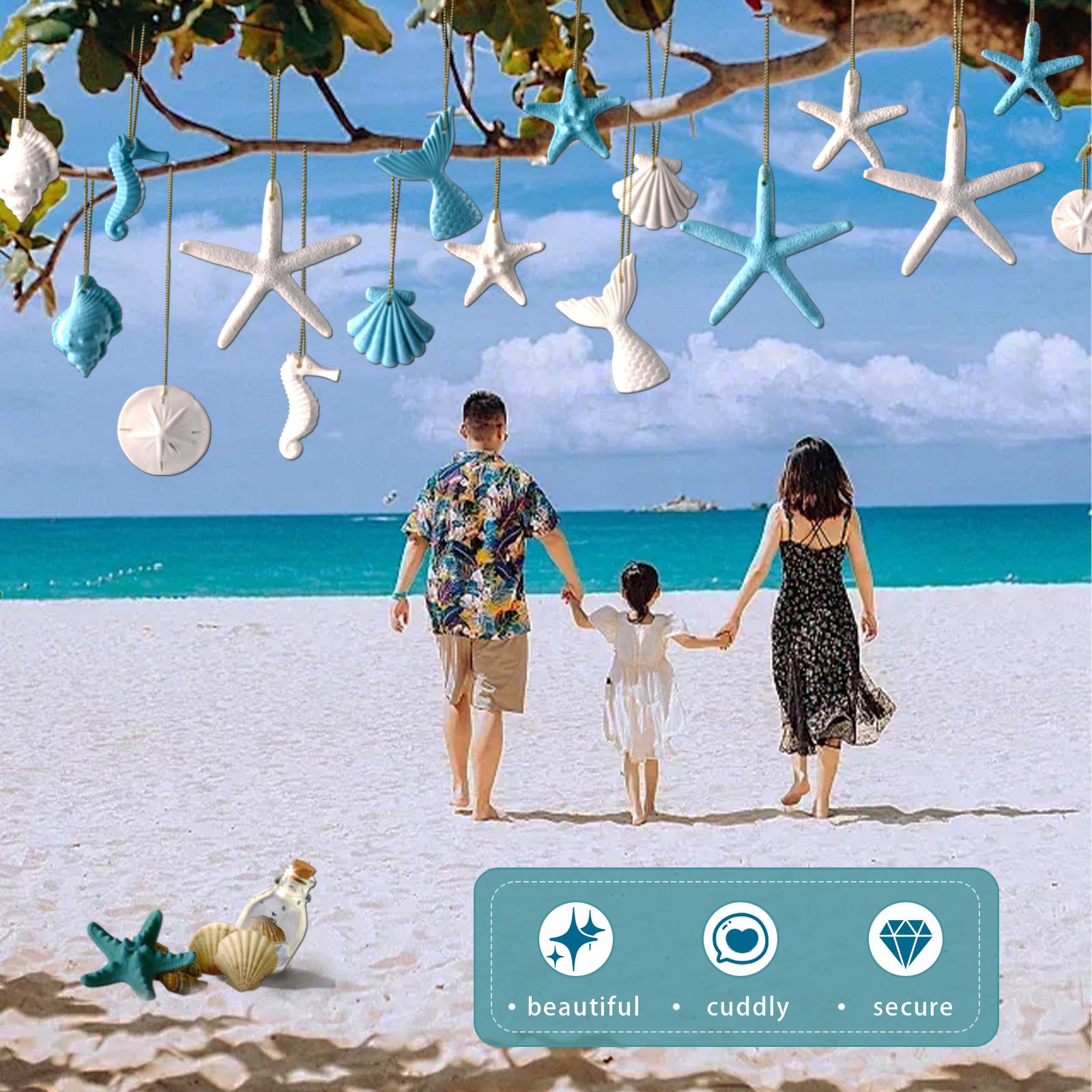 Fangoo 32Pièces Plage thème Ornements résine pour Arbre de Noël Coquillages étoiles de mer Cheval de mer canapé sirène Queue Forme accrochée pour fête d'été Anniversaire Salle de Bains décorations