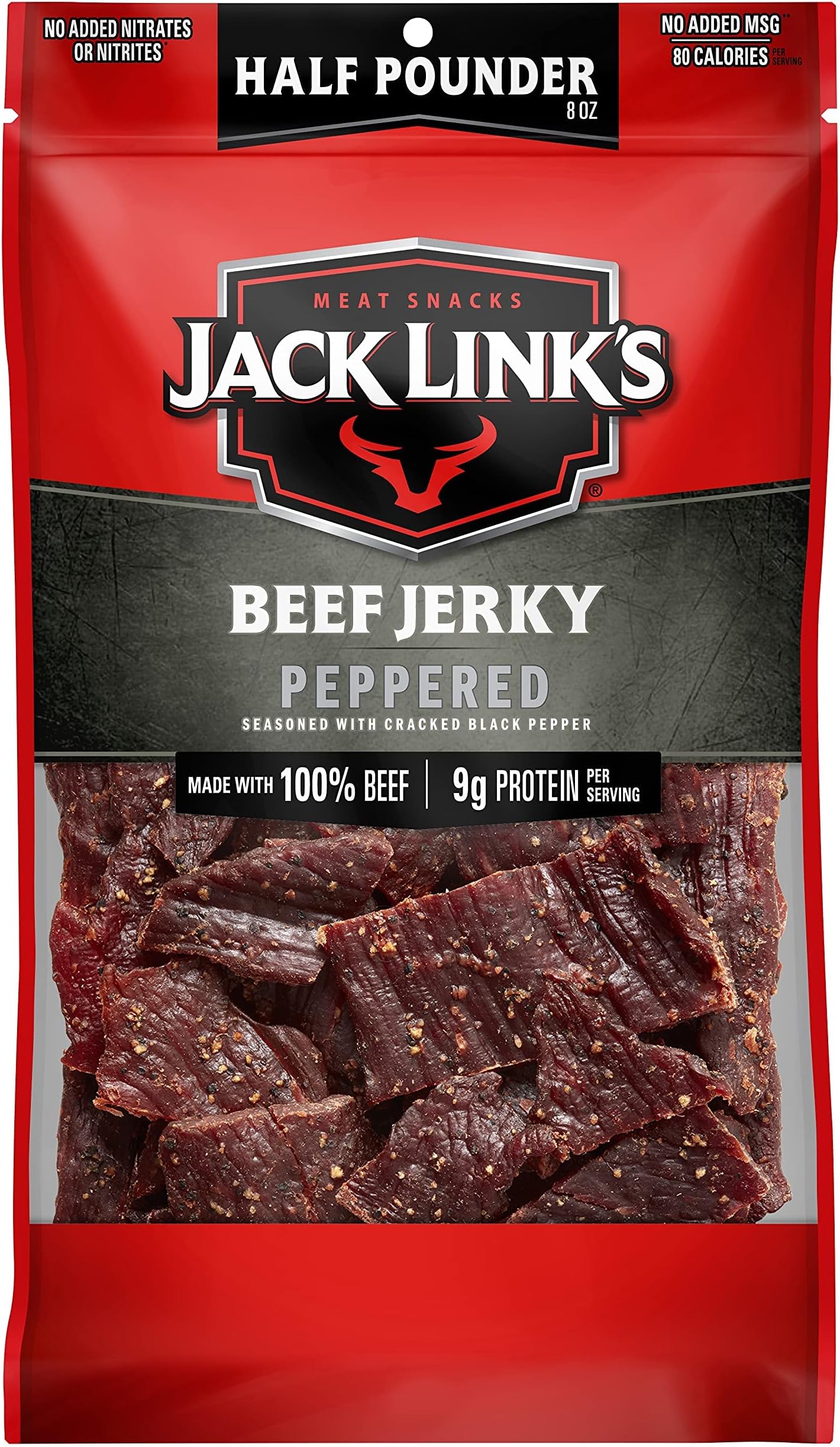 Beef Jerky, Peppered, Half Pounder Large Jerky Bag - Flavorful Meat Snack, Ready to Eat Protein Snacks with 9g of Protein per Serving, Made with 100% Beef