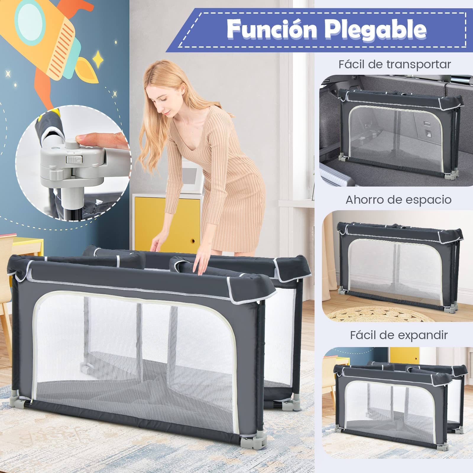 COSTWAY Parque Infantil Bebe Plegable, Parque de Juegos para Bebé, 124x124x70cm, Corralito Bebe con Malla Transpirable y Ventosas Antideslizantes, 50 Bolas, 4 Anillos de Agarre (Gris Oscuro)