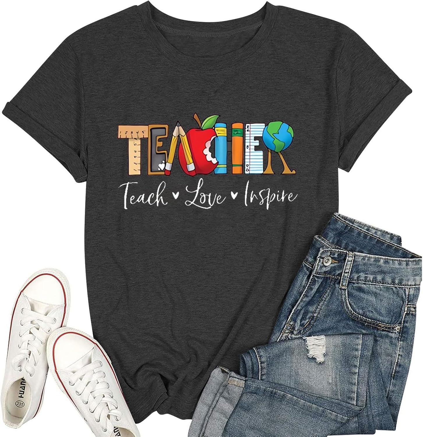 Teach T Shirt Women Teacher Love Inspire Shirts Funny Letter Short Sleeve Graphic Tees Teacher Gift Tops