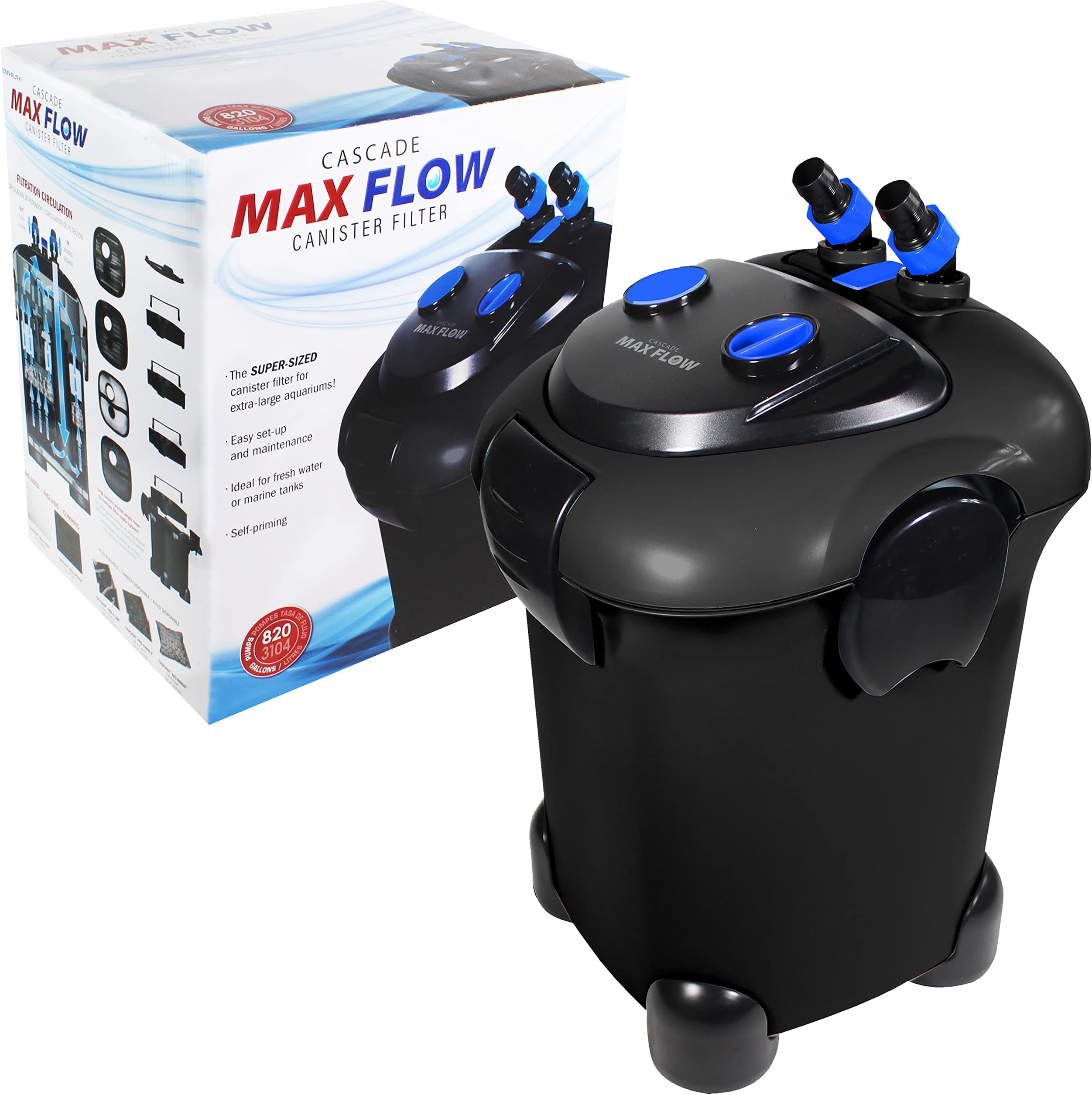 Penn-Plax Cascade Max Flow Aquarium Canister Filter – Great for Extra Large Fish Tanks – Freshwater and Saltwater Compatible – 820 Gallons per Hour (GPH)
