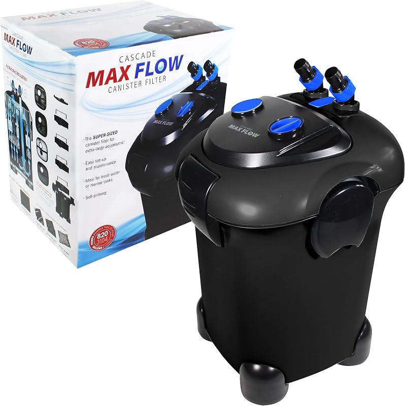 Cascade Max Flow Canister Filter - 820 GPH Aquarium Filter for Tanks Up to 250+ Gallons - 360 Degree Flow Valves, Poly Fiber Pads and Bio-Sponge - Fresh & Saltwater - 16.6 x 15 x 23.6 in