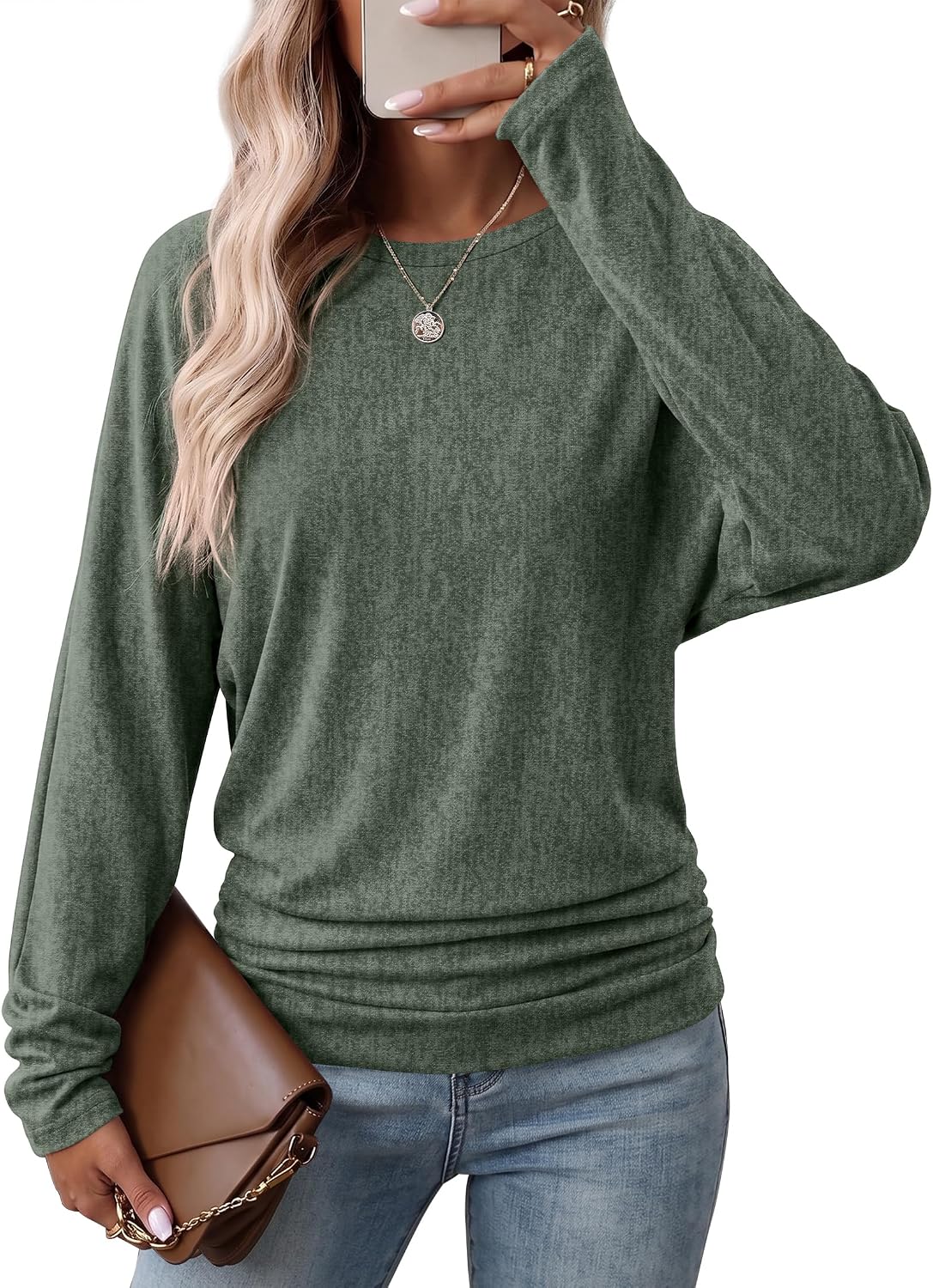 WIHOLL Womens Long Sleeve Shirts Ruched Hem Fall Tops Lightweight Sweaters