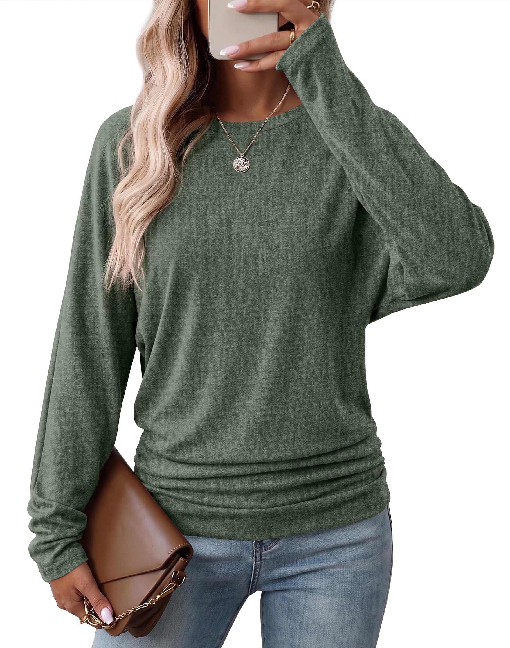 WIHOLL Womens Long Sleeve Shirts Ruched Hem Fall Tops Lightweight Sweaters