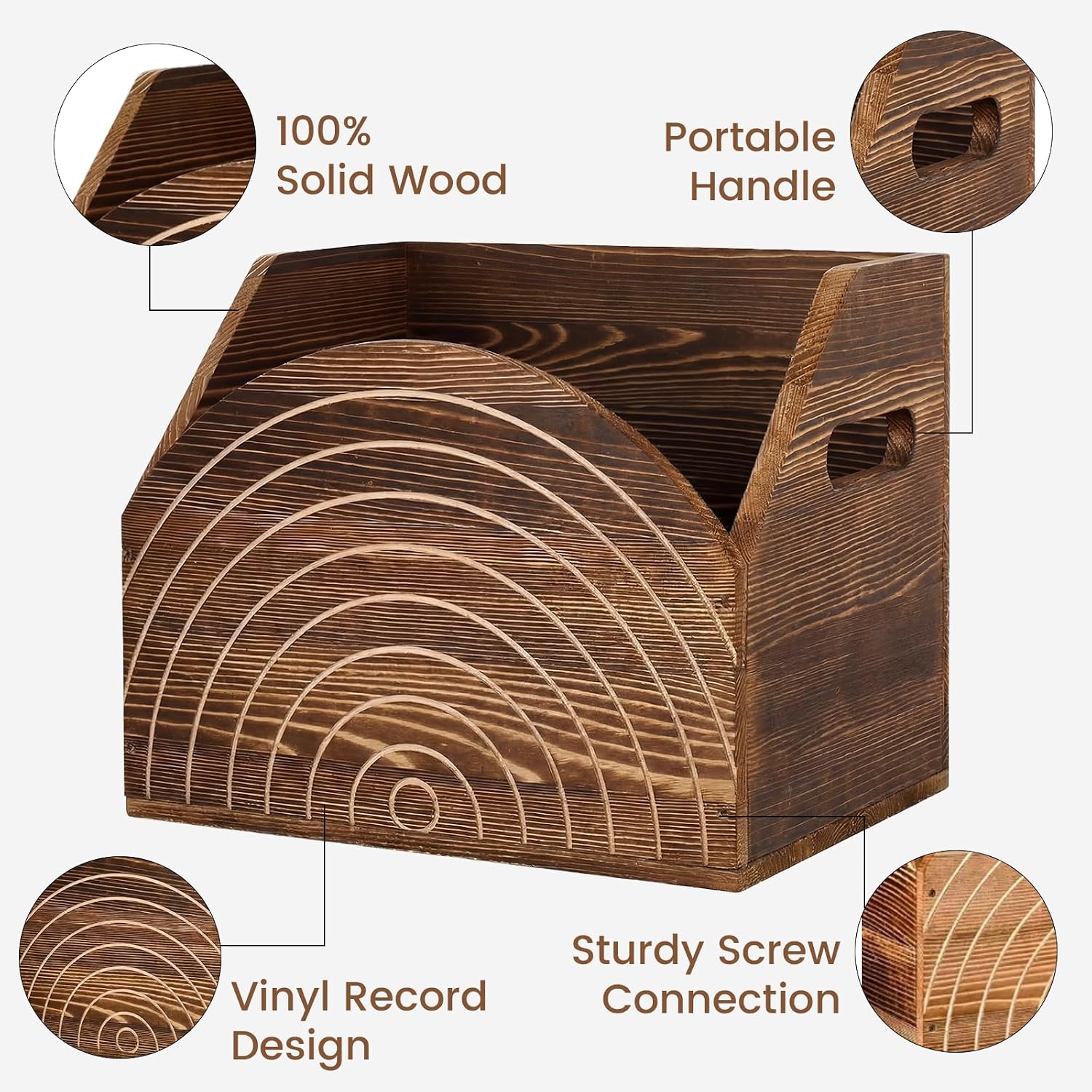 Loungewave Wood Vinyl Record Storage, Retro & Classic Vinyl Record Holder for 60+ Records, Heavy-Duty Vinyl Record Crate with Handle, Multi-Purpose Organizer for Albums, Books, Magazines image 5