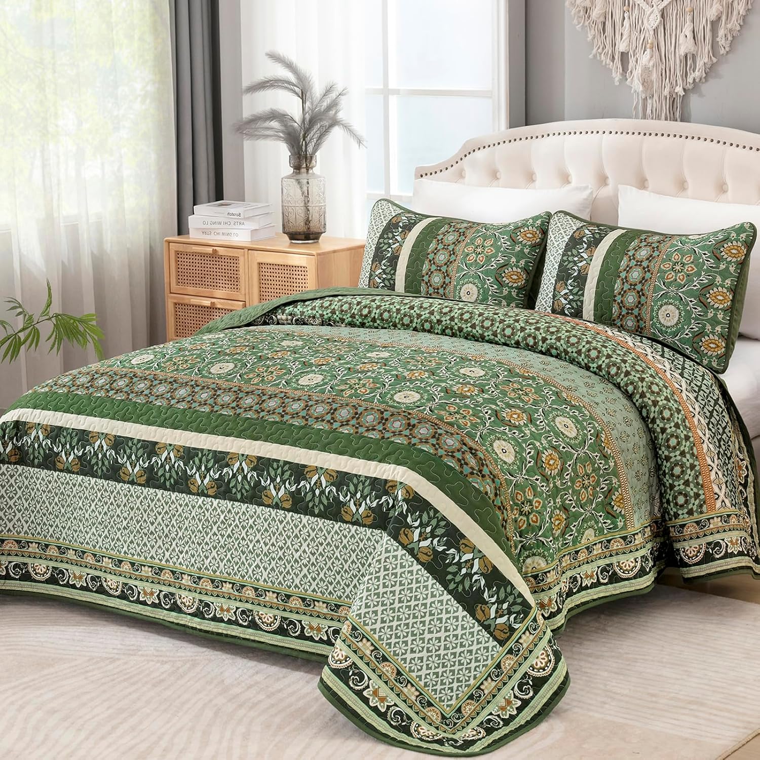 Yiran Quilts Full Size, Spring Summer Olive Green Bedspreads Bedding Set, Lightweight Boho Vintage Bohemia Coverlet Set with 2 Shams for Bed 78x90 Inch