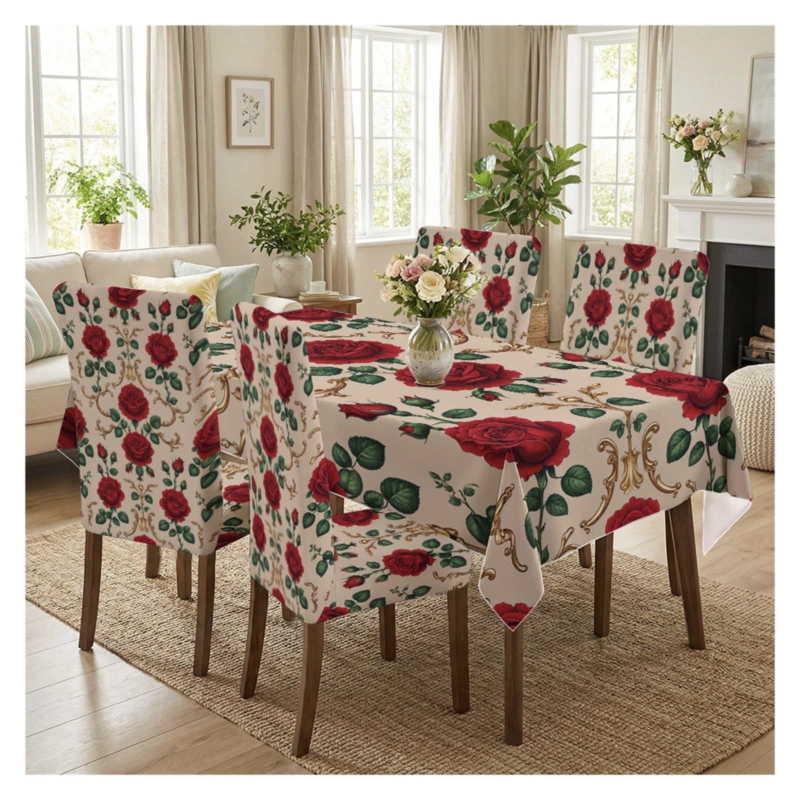 KXUAUV Red Rose Damask Print Stretch Dining Chair Covers Tablecloth Set, For Kitchen Dining Living Room Farmhouse Decor, 5/7 Pack Party Decor(5pcs Set: Tablecloth+Chair Covers)