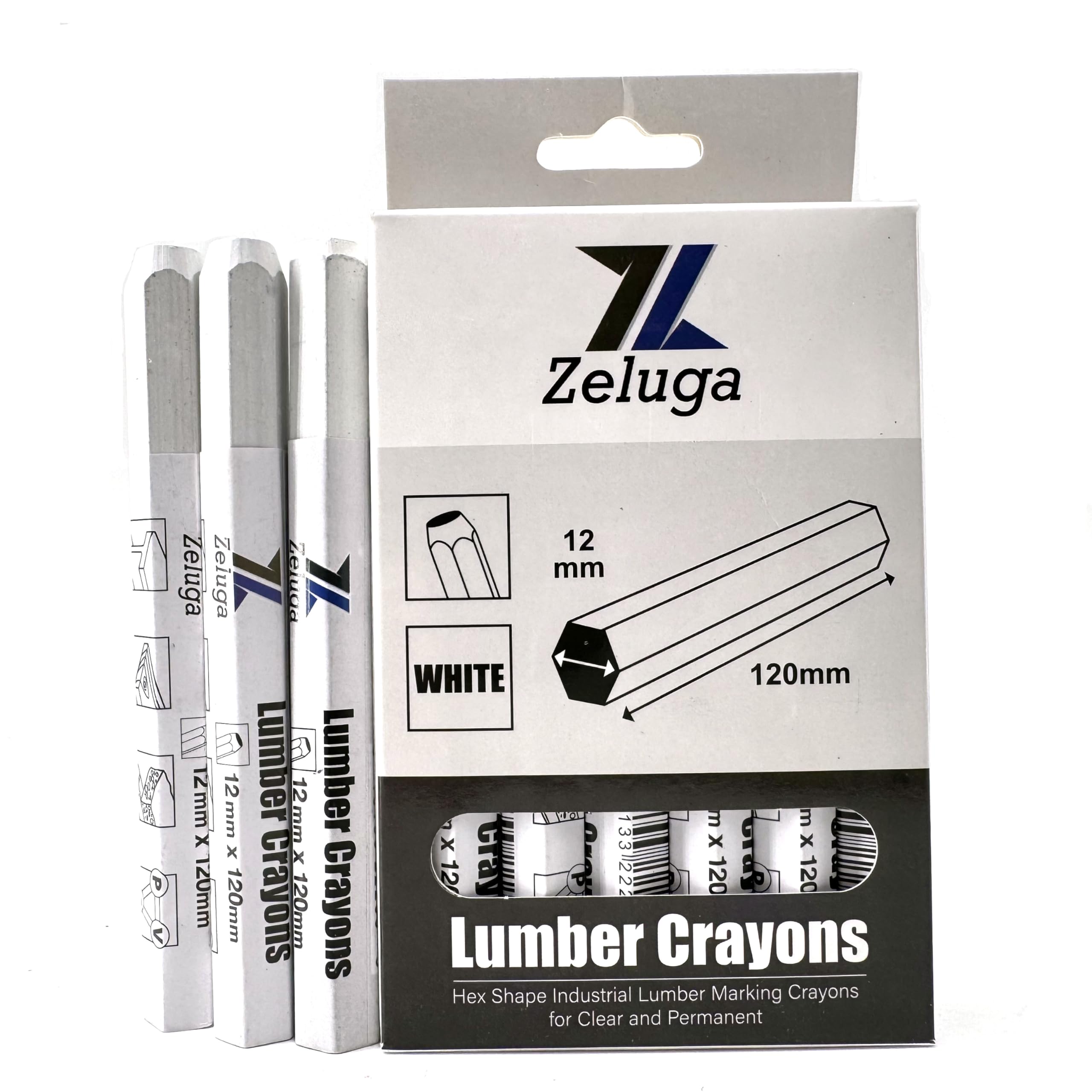 Zeluga 4.7in. x 0.47in. Hex Shape Industrial Lumber Marking Crayons for Clear and Permanent Markings, White 12 Pack
