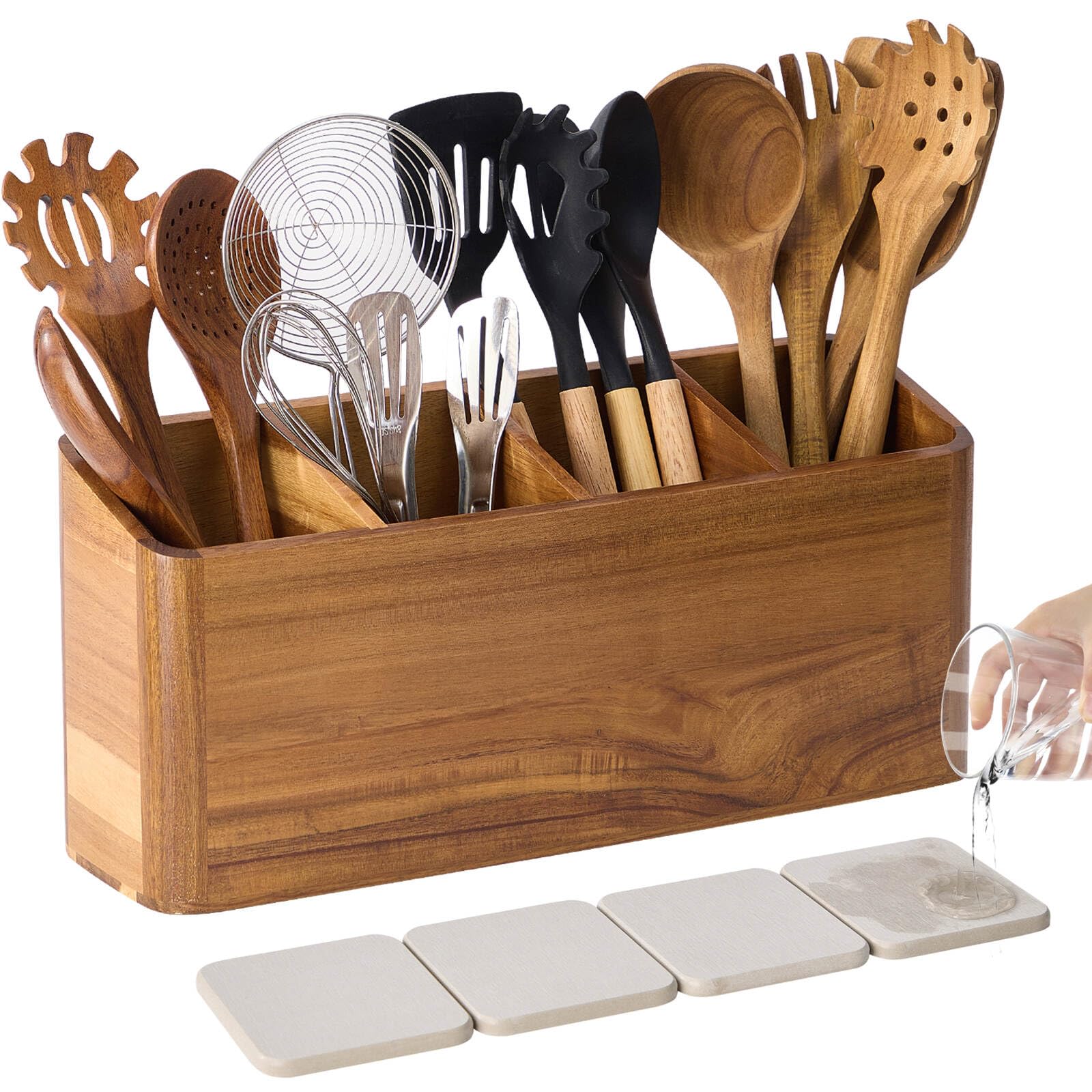 Lohoner Acacia Wood Wooden Utensil Holder For Kitchen Counter, Kitchen Utensil Holder For Countertop With 4 Compartment, Cooking Utensil Organizer, Silverware Caddy (, 4Compartment)
