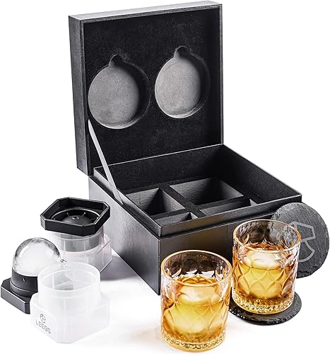 Miniatura 2 de Juego de 2 vasos de whisky, moldes de hielo de esfera grande, posavasos de pizarra, caja de regalo, regalos de borbón para hombres, papá, marido,