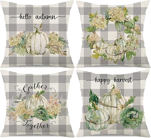 Juego de 4 fundas de almohada de calabaza otoñal de 18 x 18 pulgadas, diseño de calabaza, gris, búfalo, a cuadros, para otoño, Acción de Gracias,