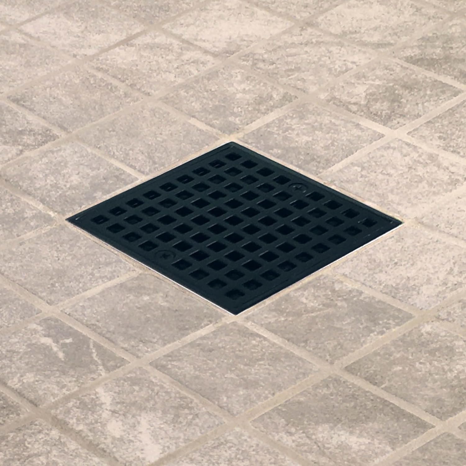 Freestyle Thin Bed Clamping Ring Drain with Square Design Strainer. Easy to Install in Tile Showers. Ideal for Bathrooms and Kitchens. Durable Construction (PVC, Flat Black Strainer)