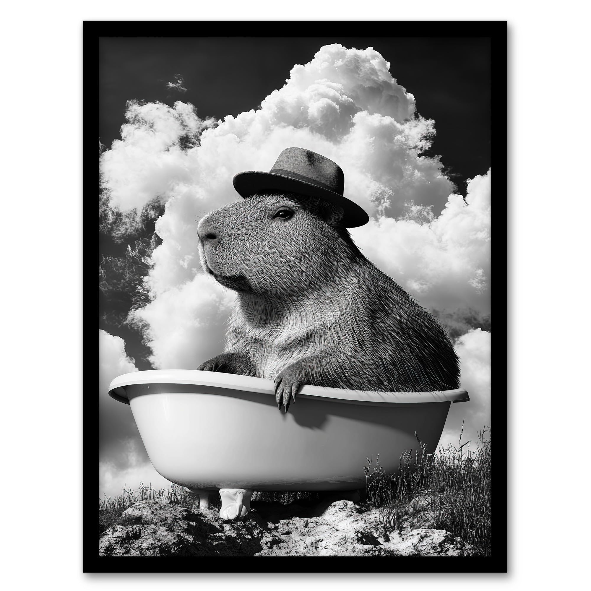 Artery8 Capybara with Hat in Bathtub Black White Surreal Bathroom Toilet Artwork Framed Wall Art Print A4