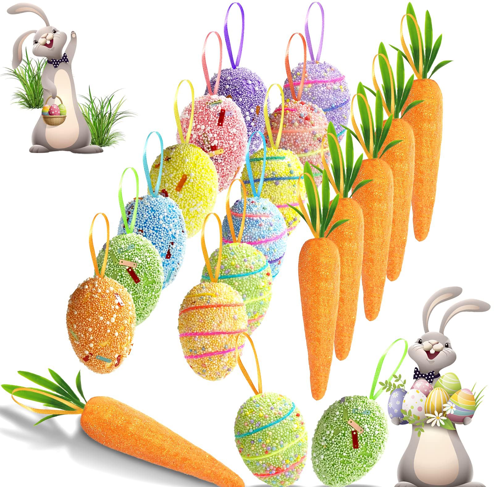 17 Pcs Easter Decorations Hanging Eggs Carrot Pack Assorted Foam Bead Hanging Eggs For Diy Wreaths, Easter Egg Hunts Classroom Crafts & Basket Fillers Spring Mantel Displays Indoor And Outdoor Decor