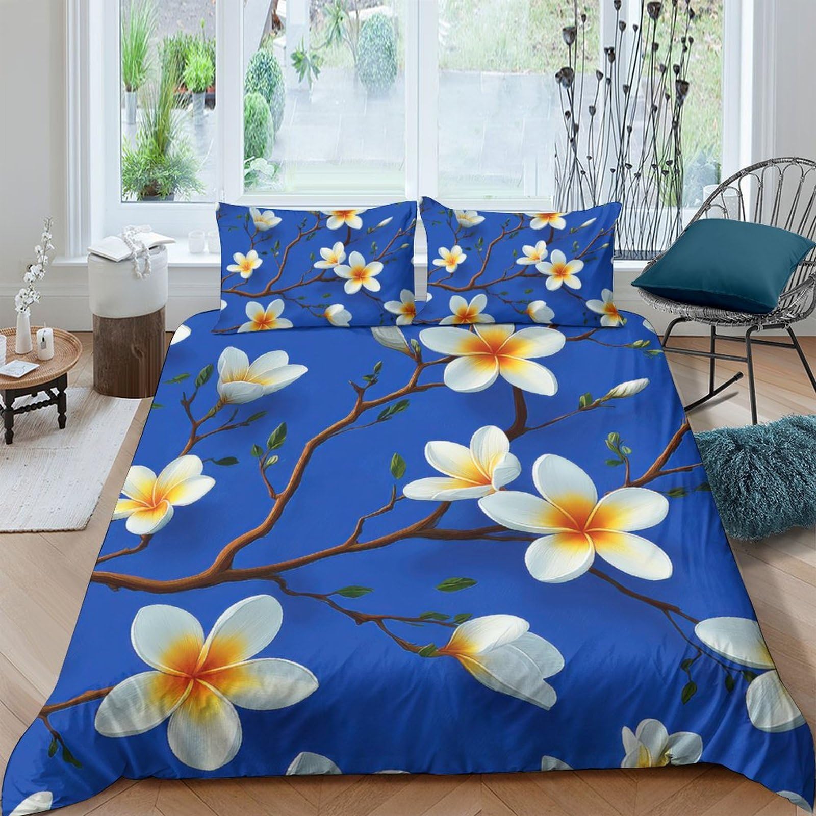 Ctjqhvkz Style-10 3D Printed Blue Plumeria Blossom Fitted Sheet Microfiber Soft Breathable White Frangipani Mattress Cover For Bedroom Dorm Mattress Decoration Single（135X200cm）