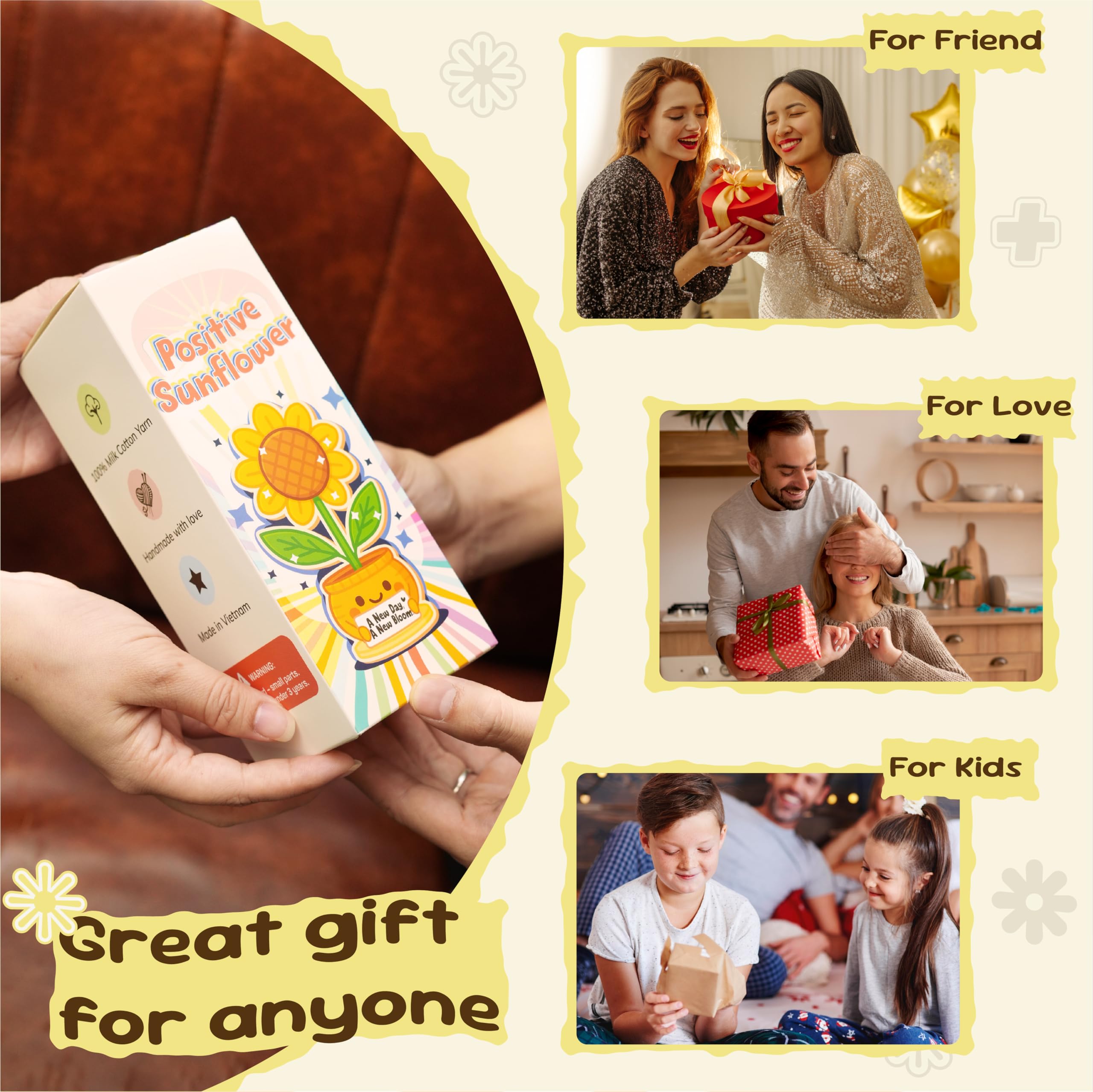 Emotional Support - Bambola di girasole all'uncinetto, fatta a mano, regalo di resilienza per donne, adolescenti, amici, vaso di fiori con affermazione positiva per incoraggiamento e forza