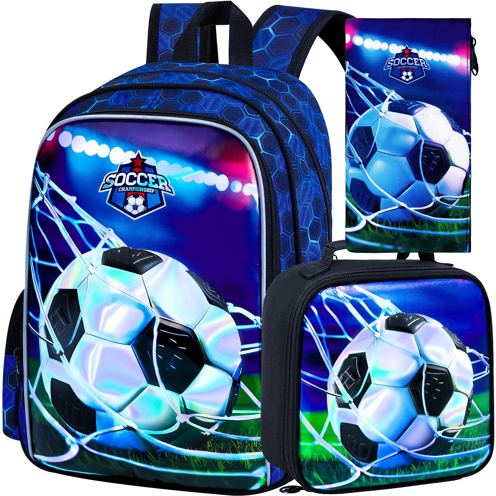 AGSDON 3PCS Football Backpacks for Boys, 16" Kids Bookbag Water Resistant for Boy, Lightweight Backpack with Lunch Box Pencil Case