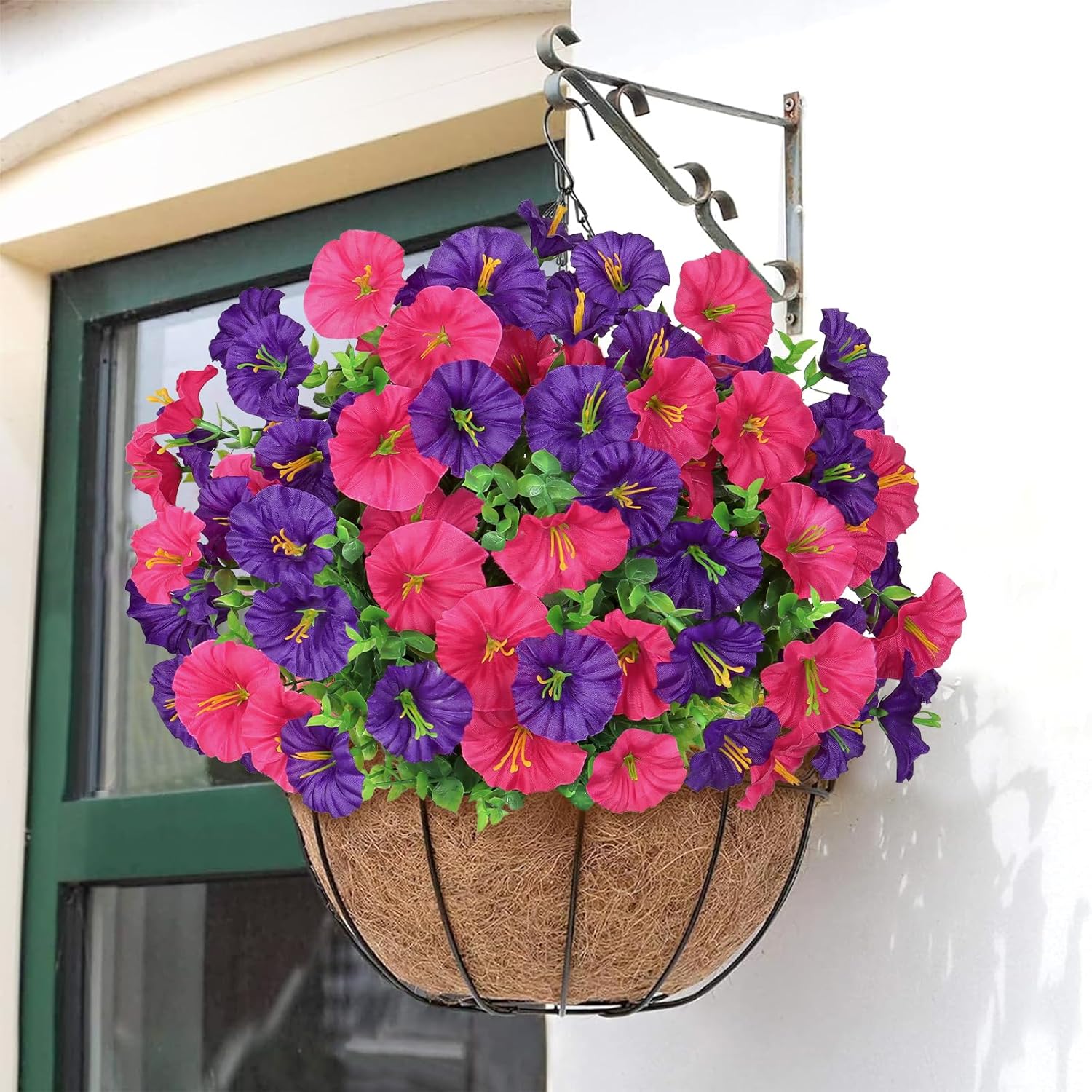 Artificial Purple Petunias Flowers for Outdoors Decoration 9 Bundles Faux Colorful Silk Morning Glory Eucalyptus Plants UV Resistant Fake Greenery Plants for Outside Garden Porch Decor - Image 2