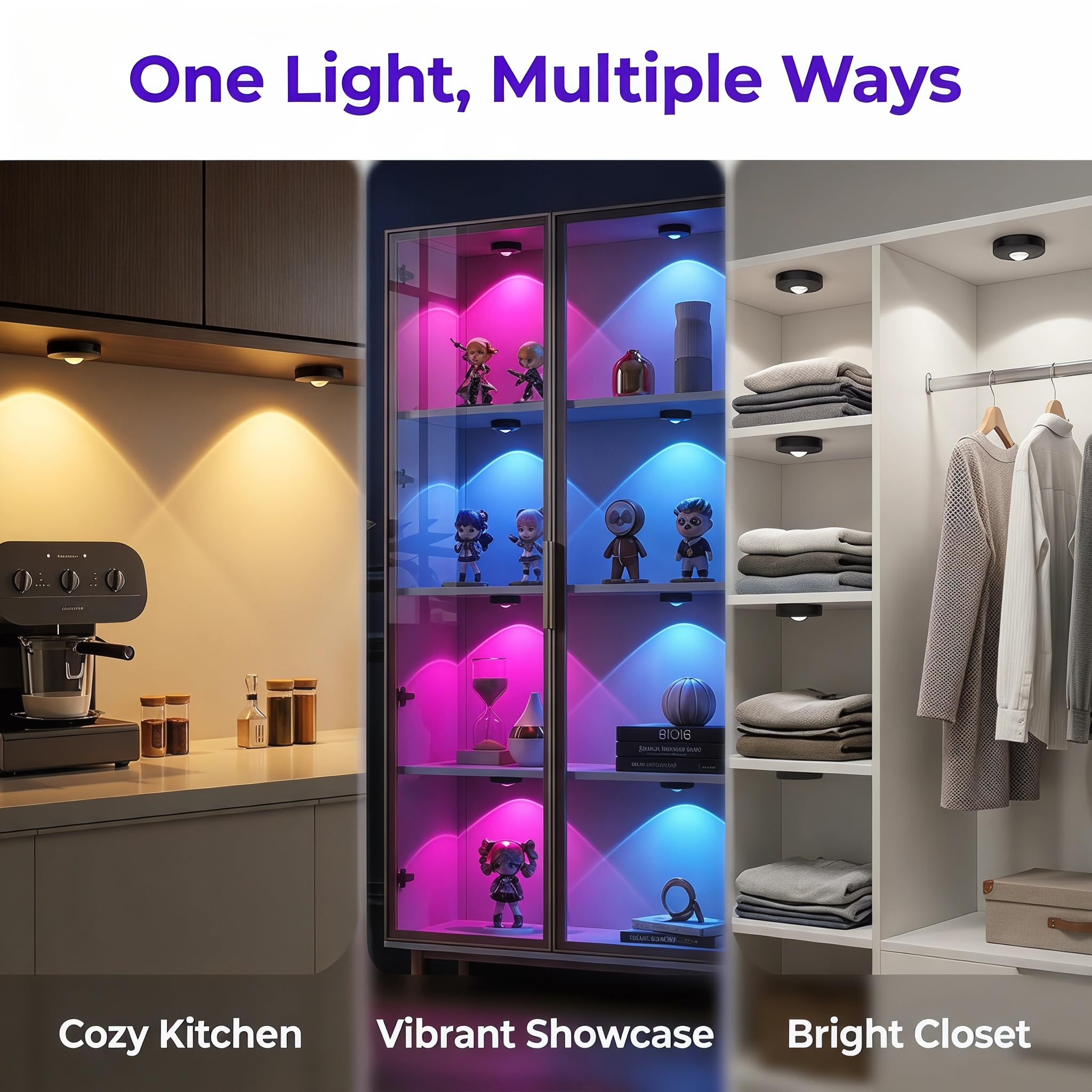 Luci magnetiche ricaricabili a disco, illuminazione RGB sotto armadio con telecomando e controllo touch, dimmerabili/3 temperature di colore/temporizzazione, luci adesive wireless per mensole