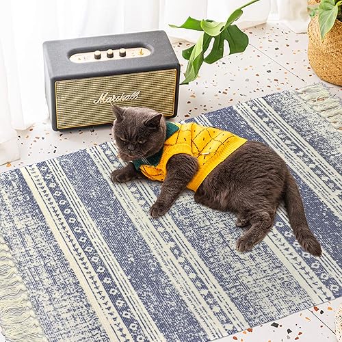 Miniatura 4 de ABREEZE Alfombra de algodón, 2 x 3 pies, tejida a mano con borlas y flecos, alfombra para puerta, alfombra de área interior para baño, dormitorio,