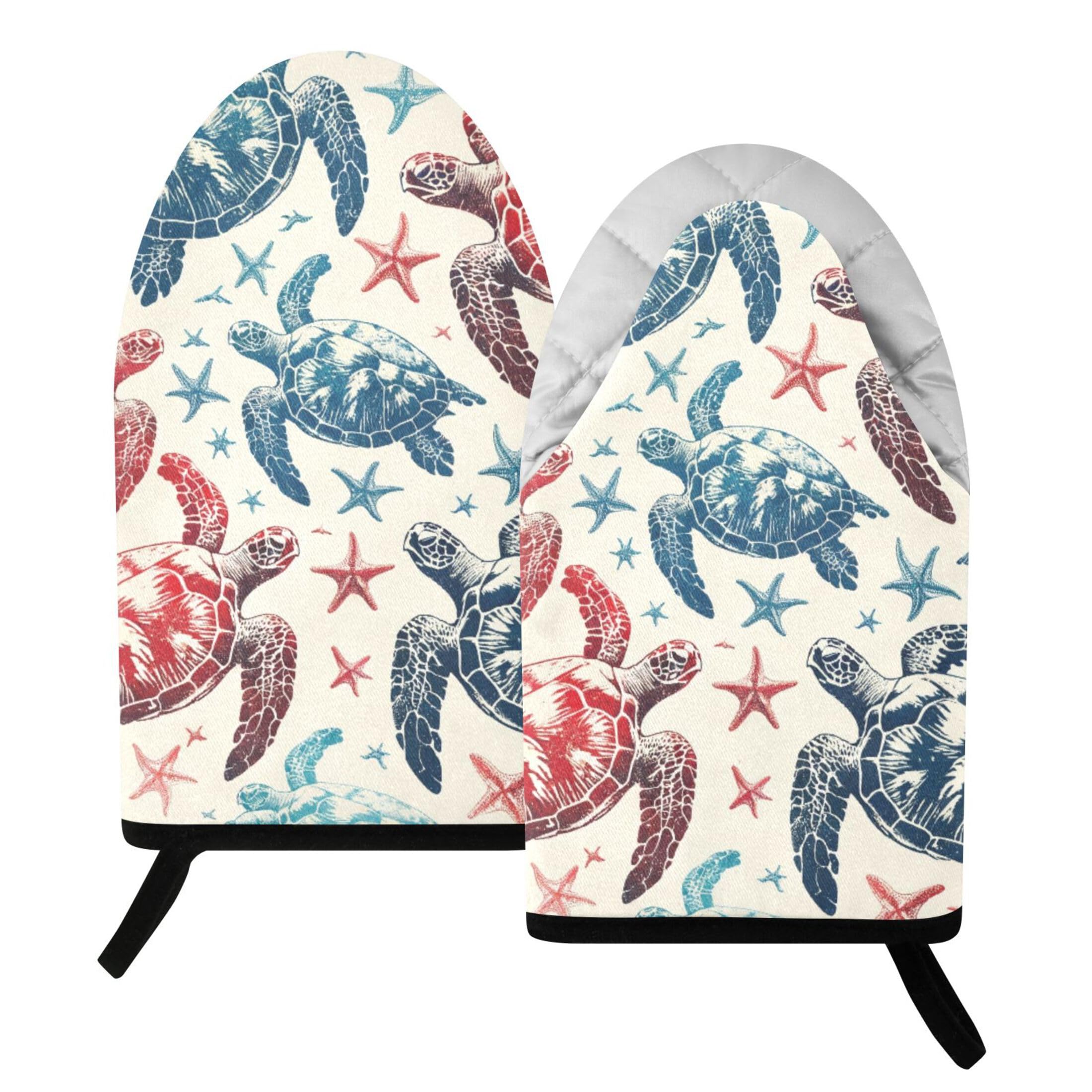 Fuauuyl Oven Mitts Heat Resistant Kitchen Gloves, Sea Turtles Classic Oven Gloves with Hanging Loop for Baking BBQ Cooking Grilling, 1 Pair, 9.5 in