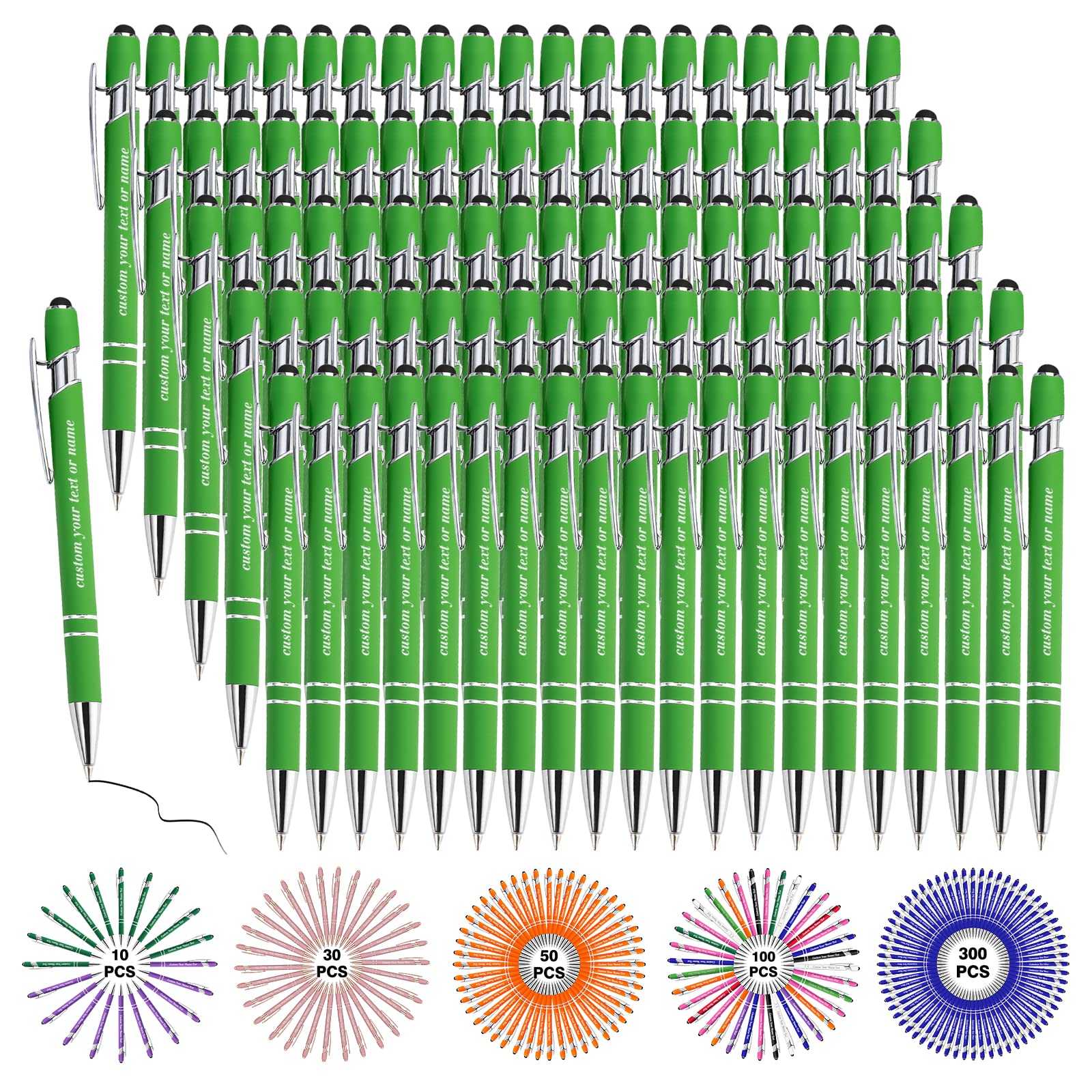 Personalised Pens Bulk Custom Pens with Logo Name 100 Pack Free Engraved Stylus Ballpoint Pens Customised Retractable Pen Message Text Gift for Men Women Black Ink Business Graduation Light Green